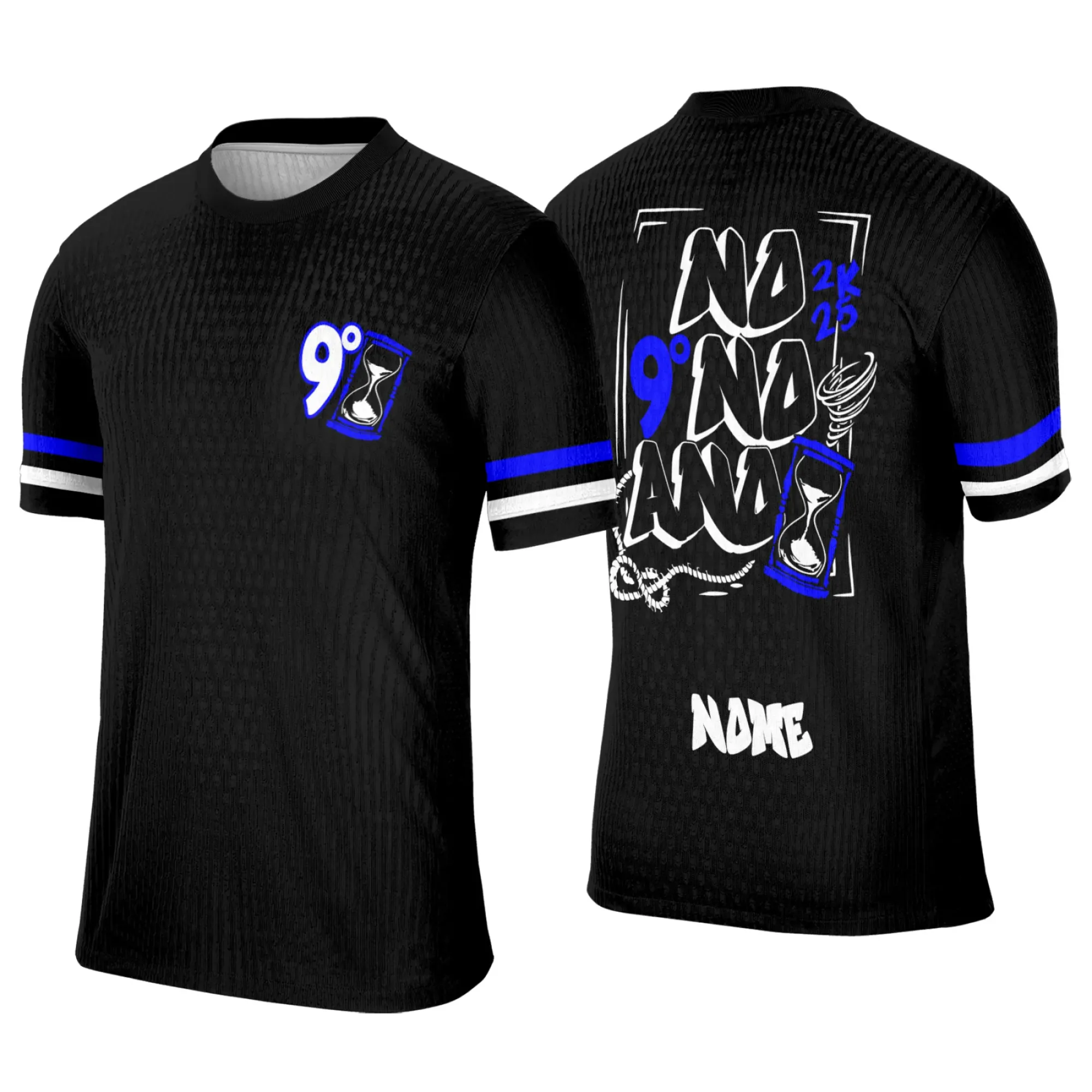 Camiseta unissex preta com logo no peito e estampa grande nas costas baseada no Nono Ano Ampulheta modelo 2, com design moderno e estilo jovem para uso escolar e casual.