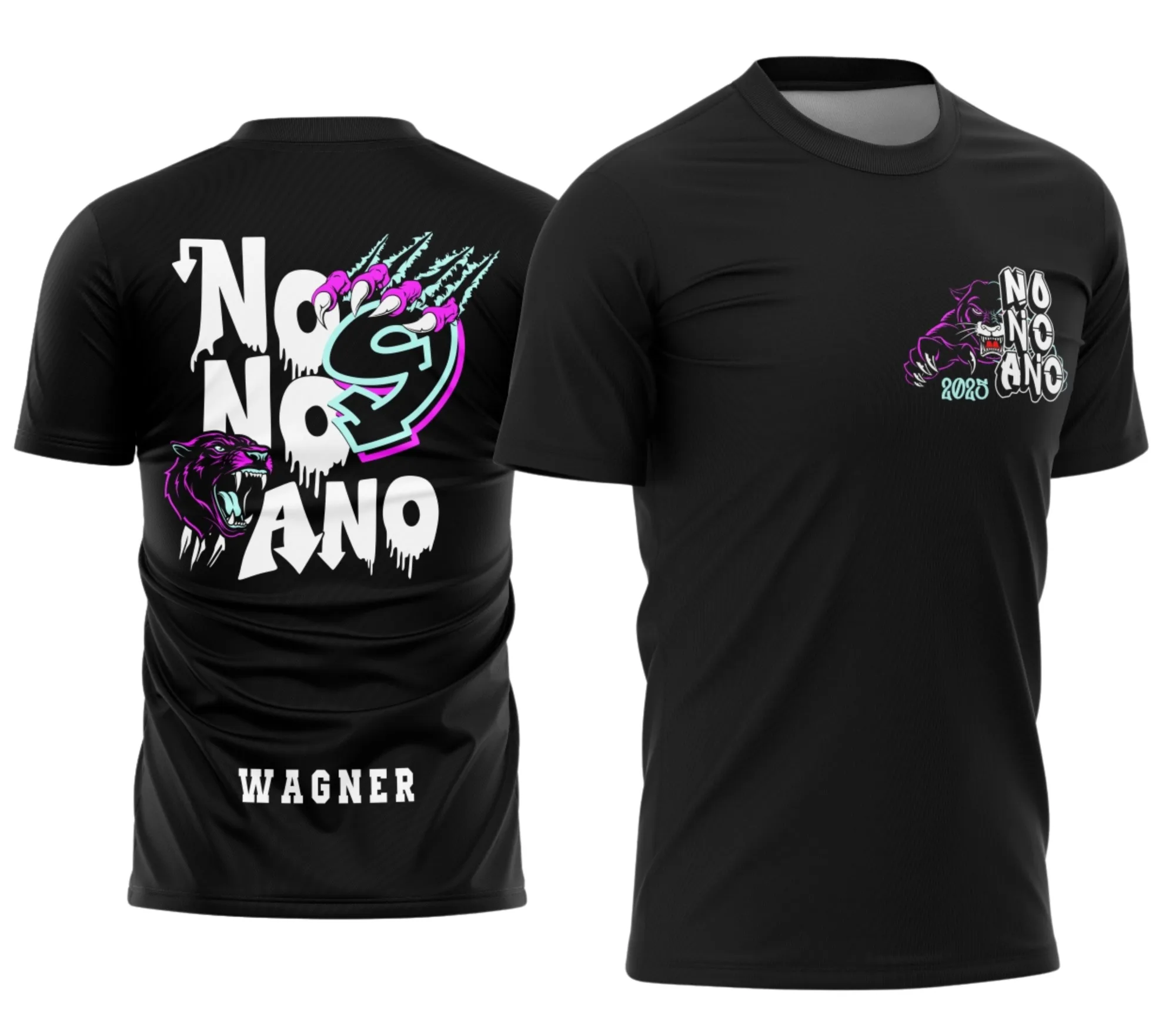 Camiseta unissex preta com logo no peito e estampa grande nas costas da turma de formandos do nono ano com tema Pantera Negra 2026, destaque para design moderno e cores vibrantes.