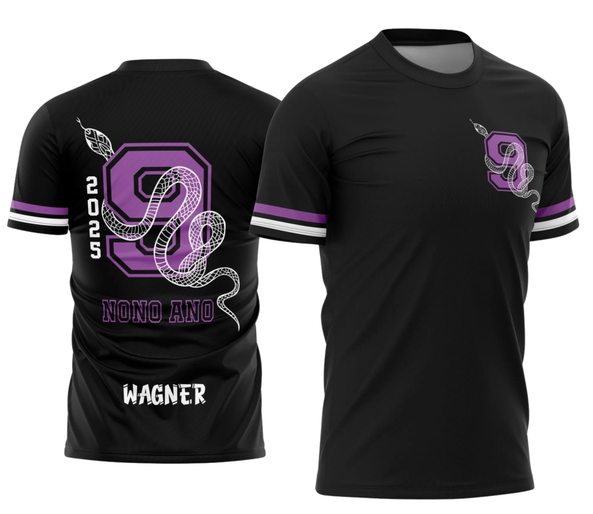 Camiseta unissex preta com logo no peito e estampa grande nas costas da turma de formandos do nono ano com temática de cobra, design moderno e vibrante.