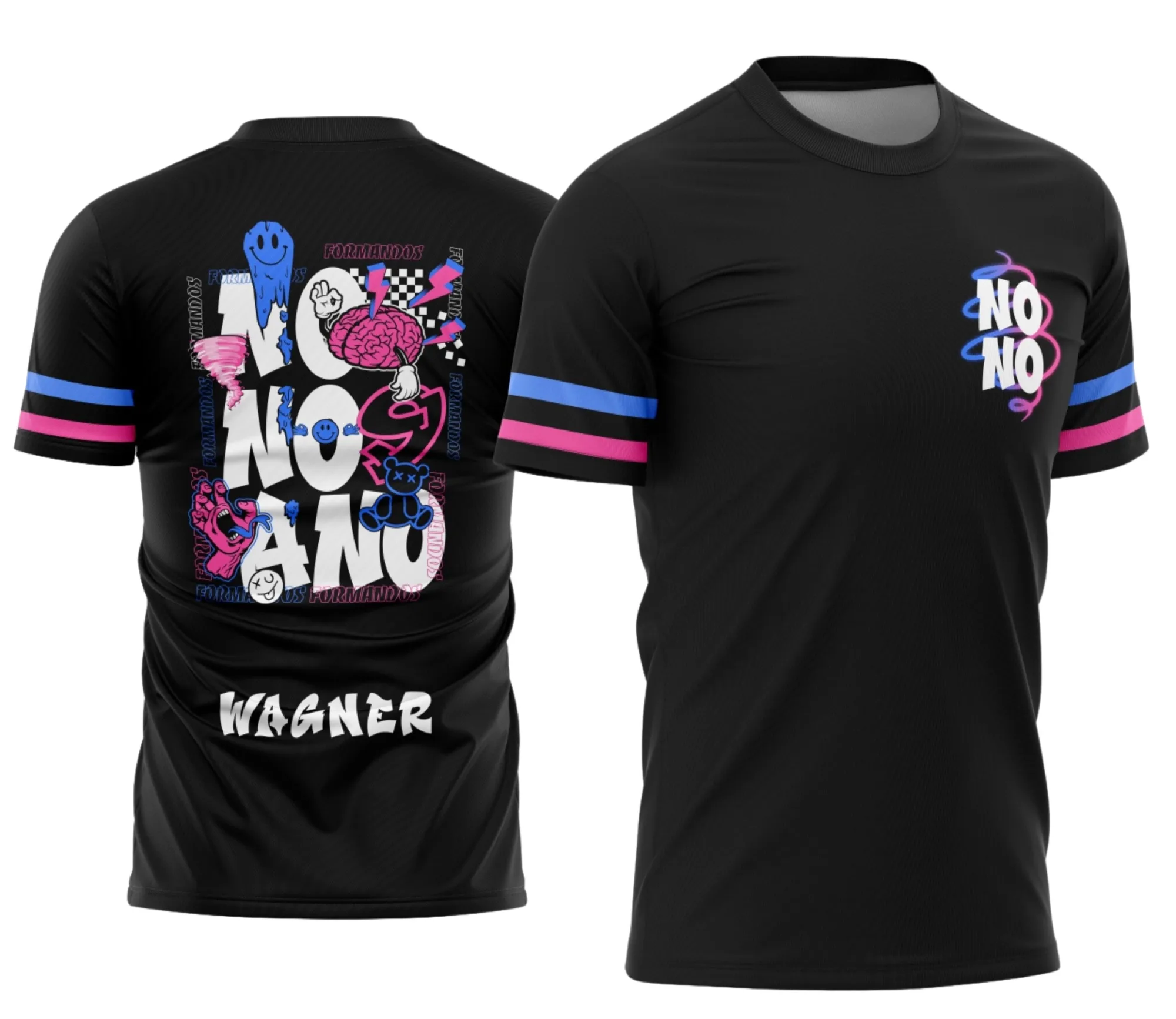 Camiseta unissex preta com logo no peito e estampa grande nas costas com mão em grafite e tema formandos do nono ano.