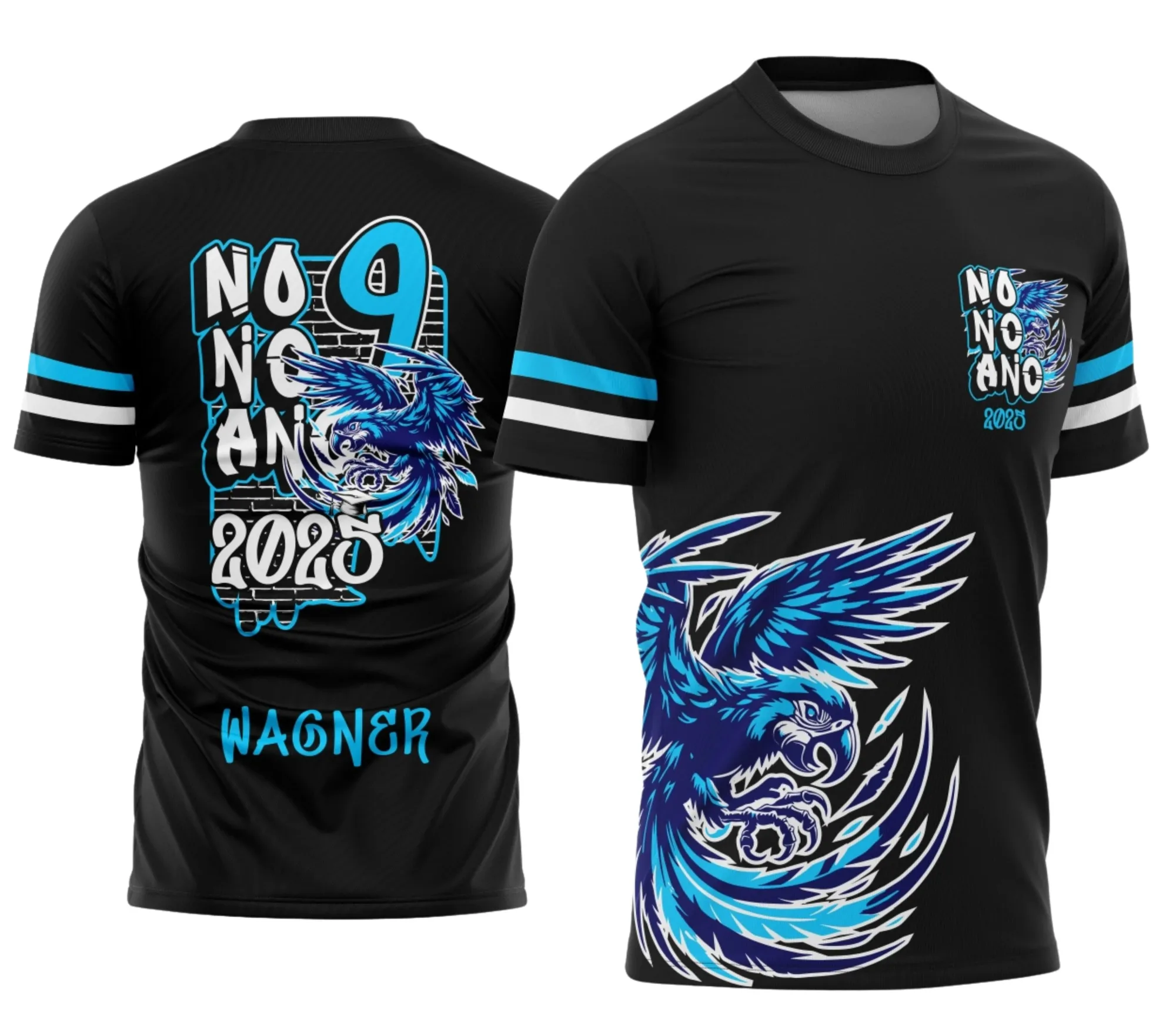 Camiseta unissex preta com logo no peito e estampa grande nas costas com desenho de arara azul para formandos do nono ano estilo graffite