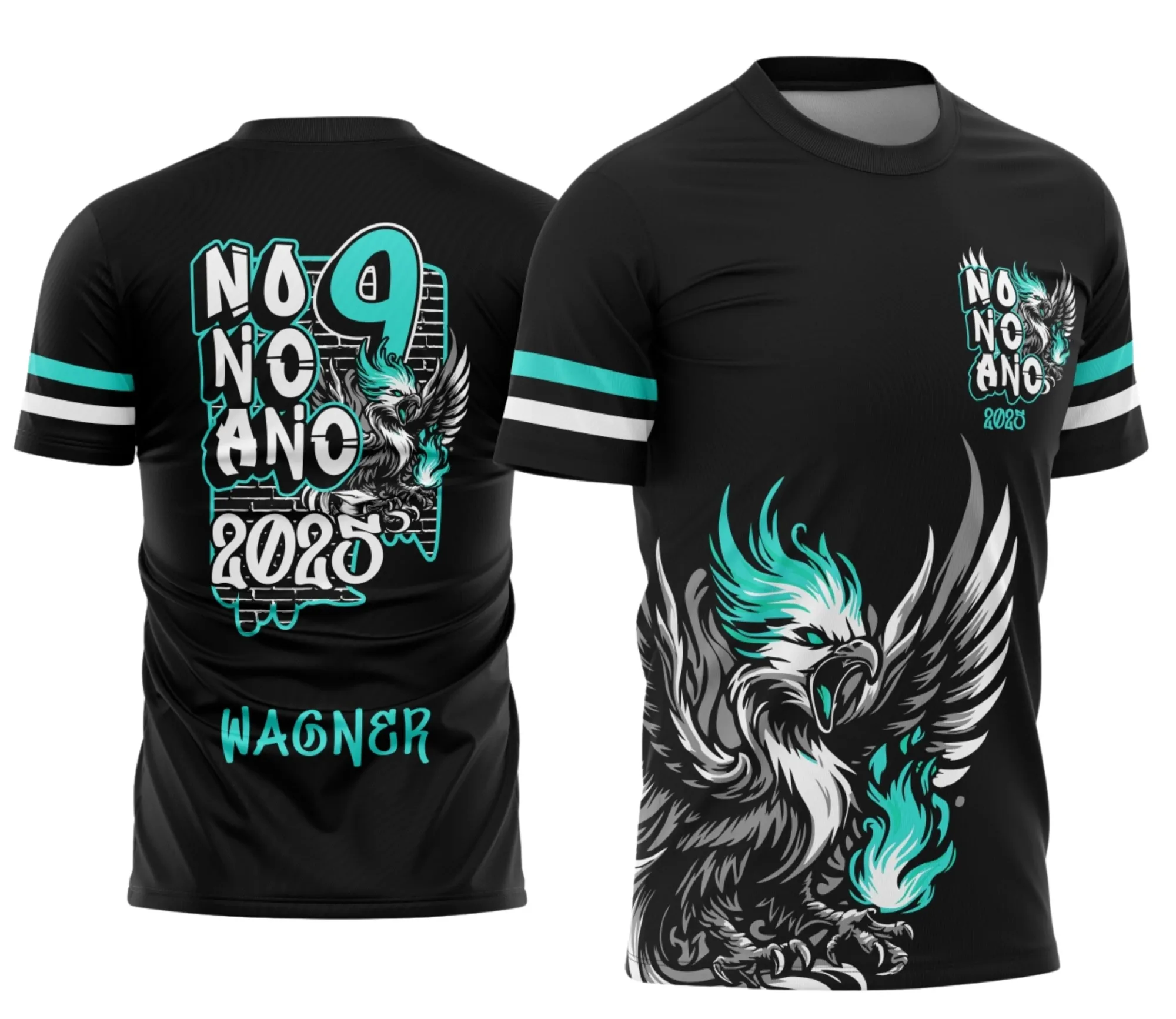 Camiseta unissex preta com logo no peito e estampa grande nas costas do tema Formandos Nono Ano Graffite Fênix, ideal para turmas comemorativas e eventos escolares.