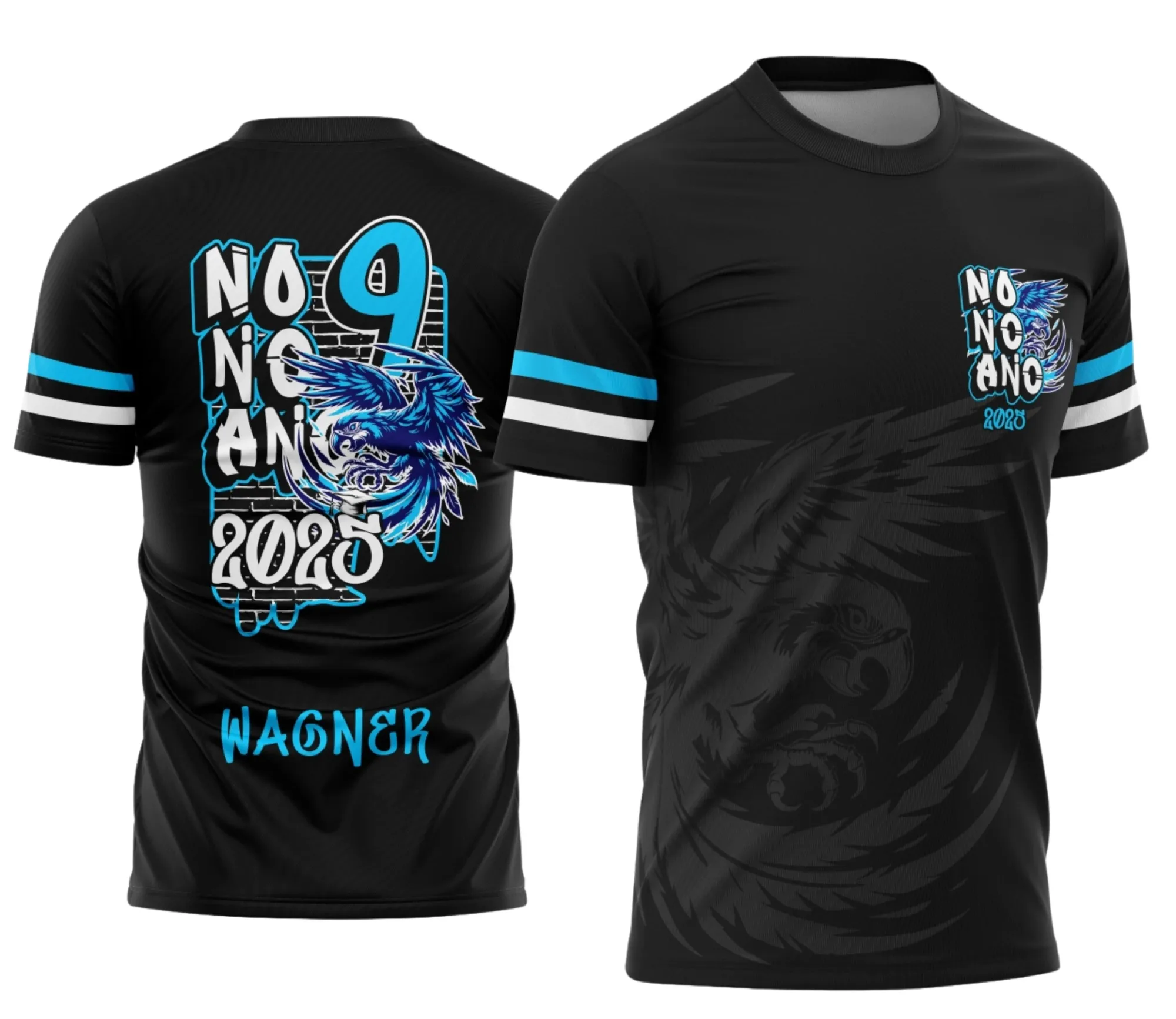 Camiseta unissex preta com logo no peito e estampa grande nas costas temática de formandos do Nono Ano, estilo graffite com arara azul, destacando design moderno e vibrante.