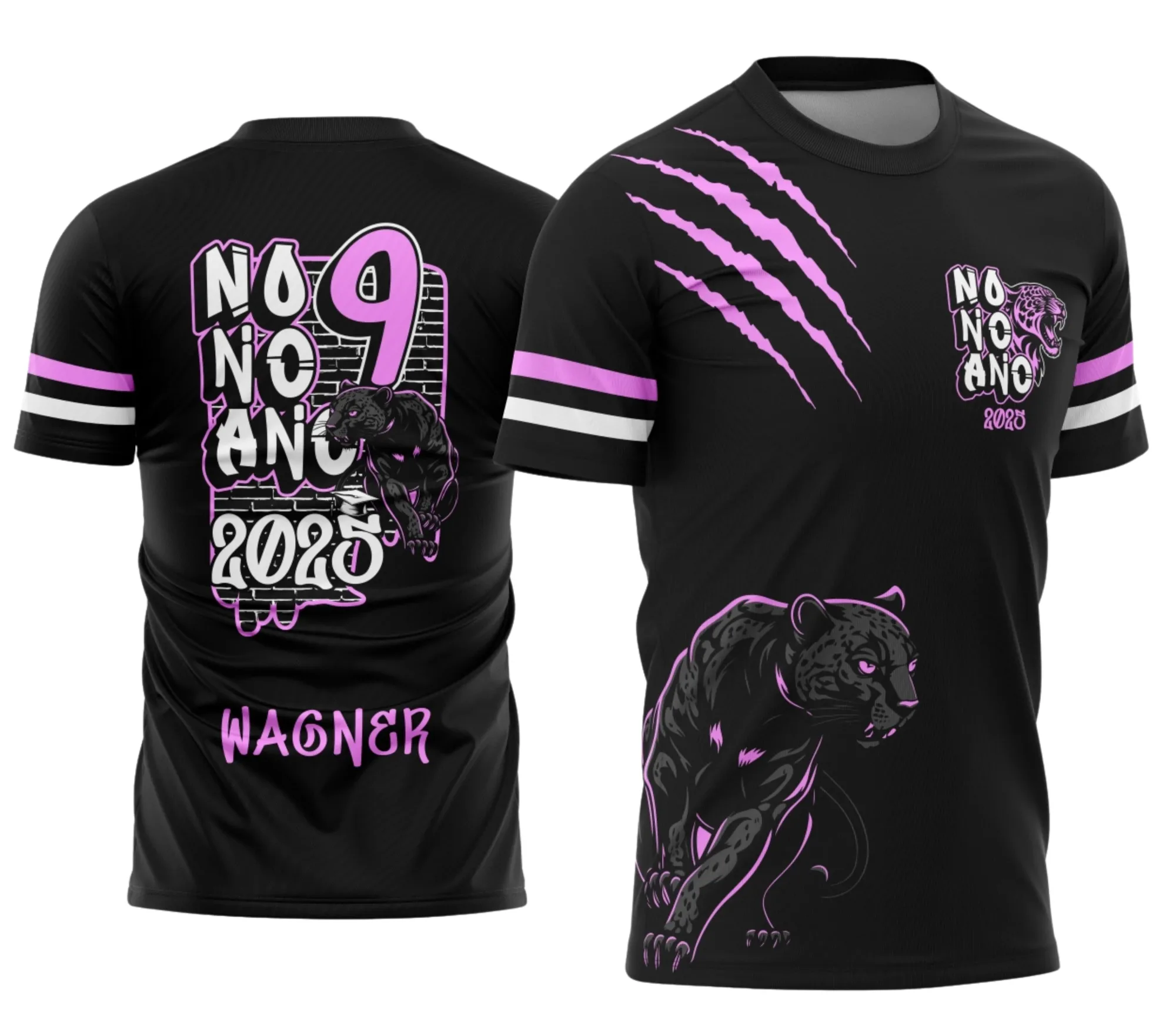 Camiseta unissex preta com logo no peito e estampa grande nas costas do tema Formandos Nono Ano Pantera Negra, perfeita para ocasiões especiais.