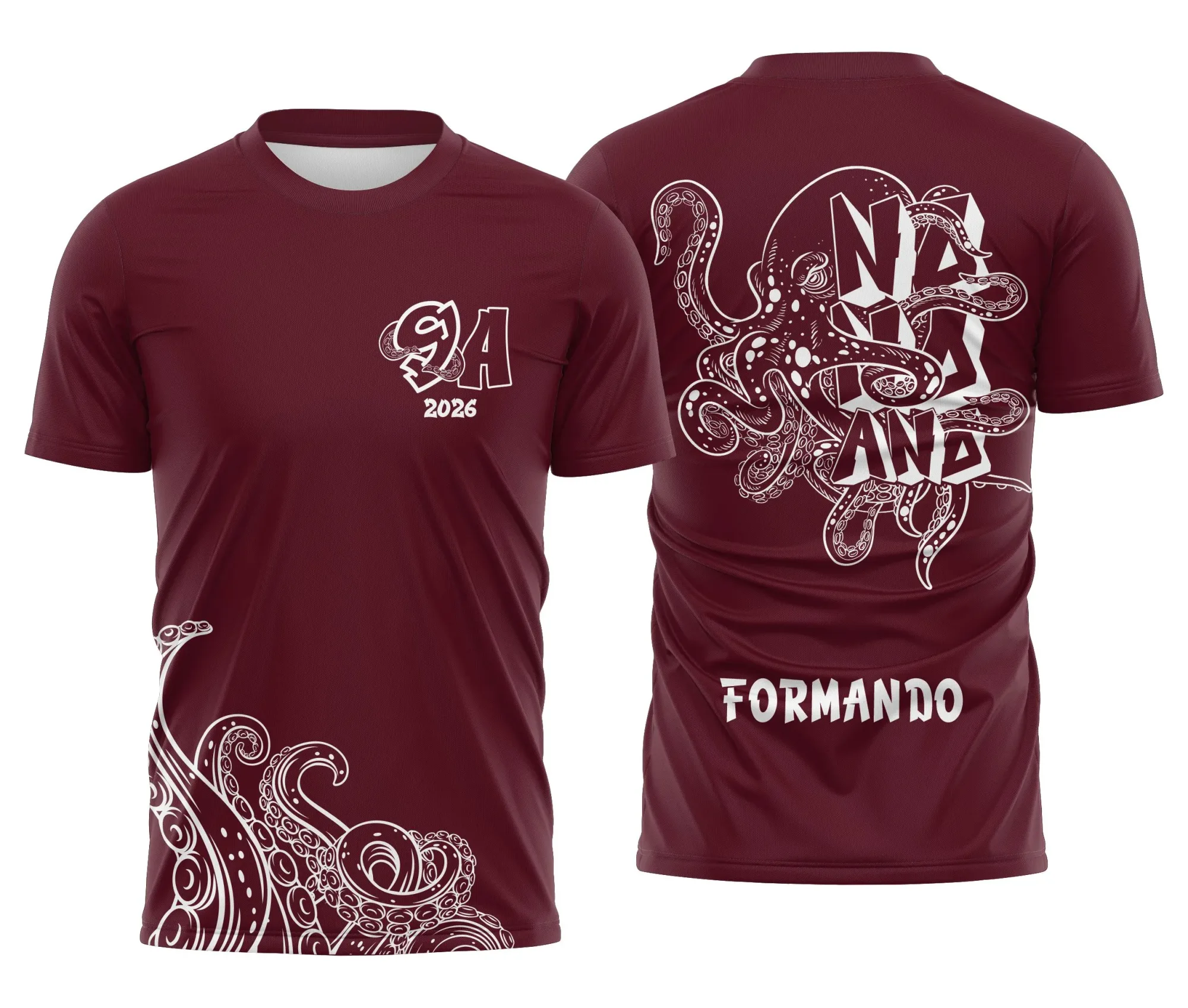 Camiseta unissex vinho com logo no peito e estampa grande nas costas de polvo estilizado, ideal para uso casual com toque moderno e vibrante.