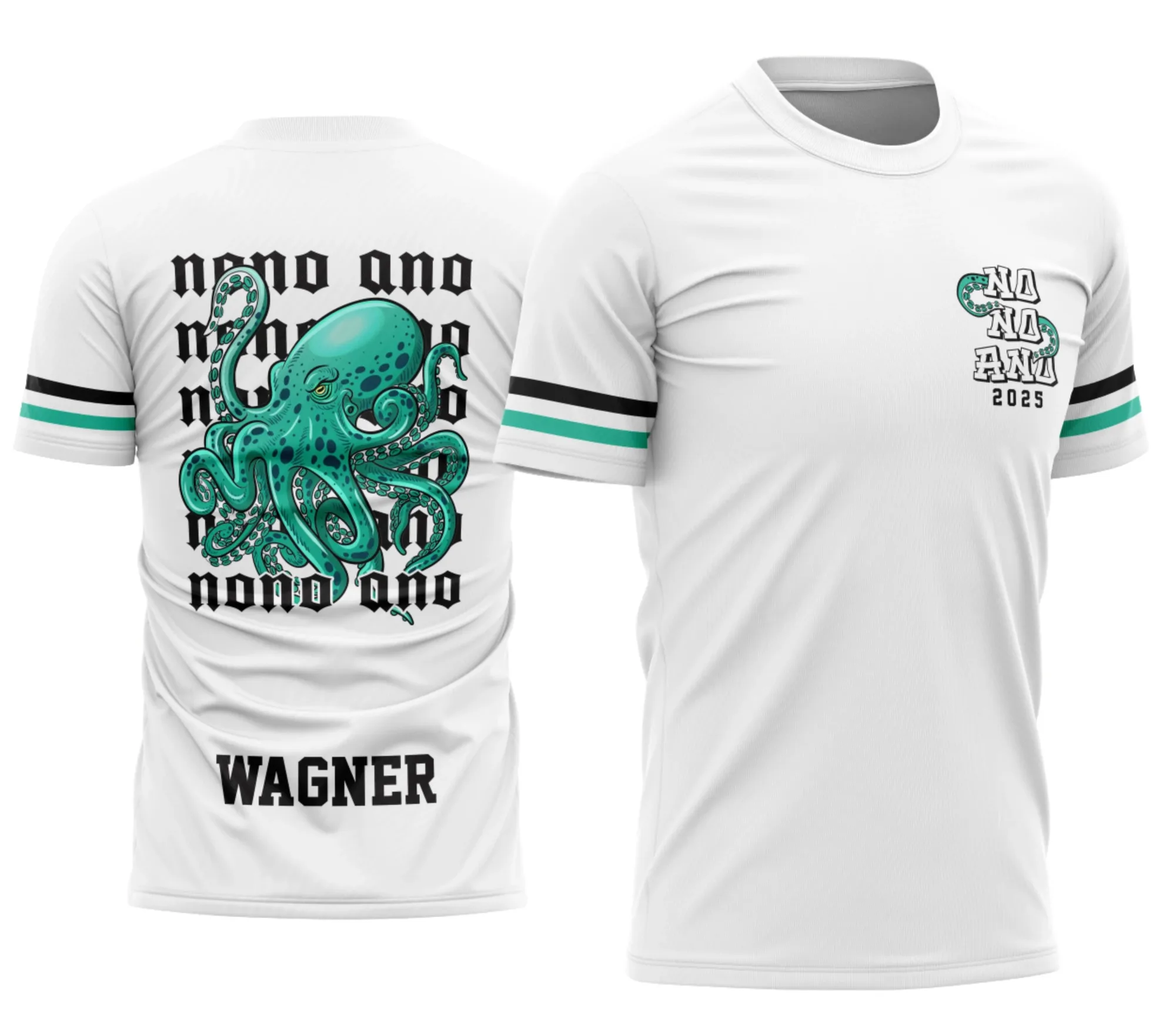 Camiseta unissex branca com logo no peito e estampa grande nas costas, tema Formandos Nono Ano Polvo, estilo moderno e vibrante, perfeita para celebrar a turma.