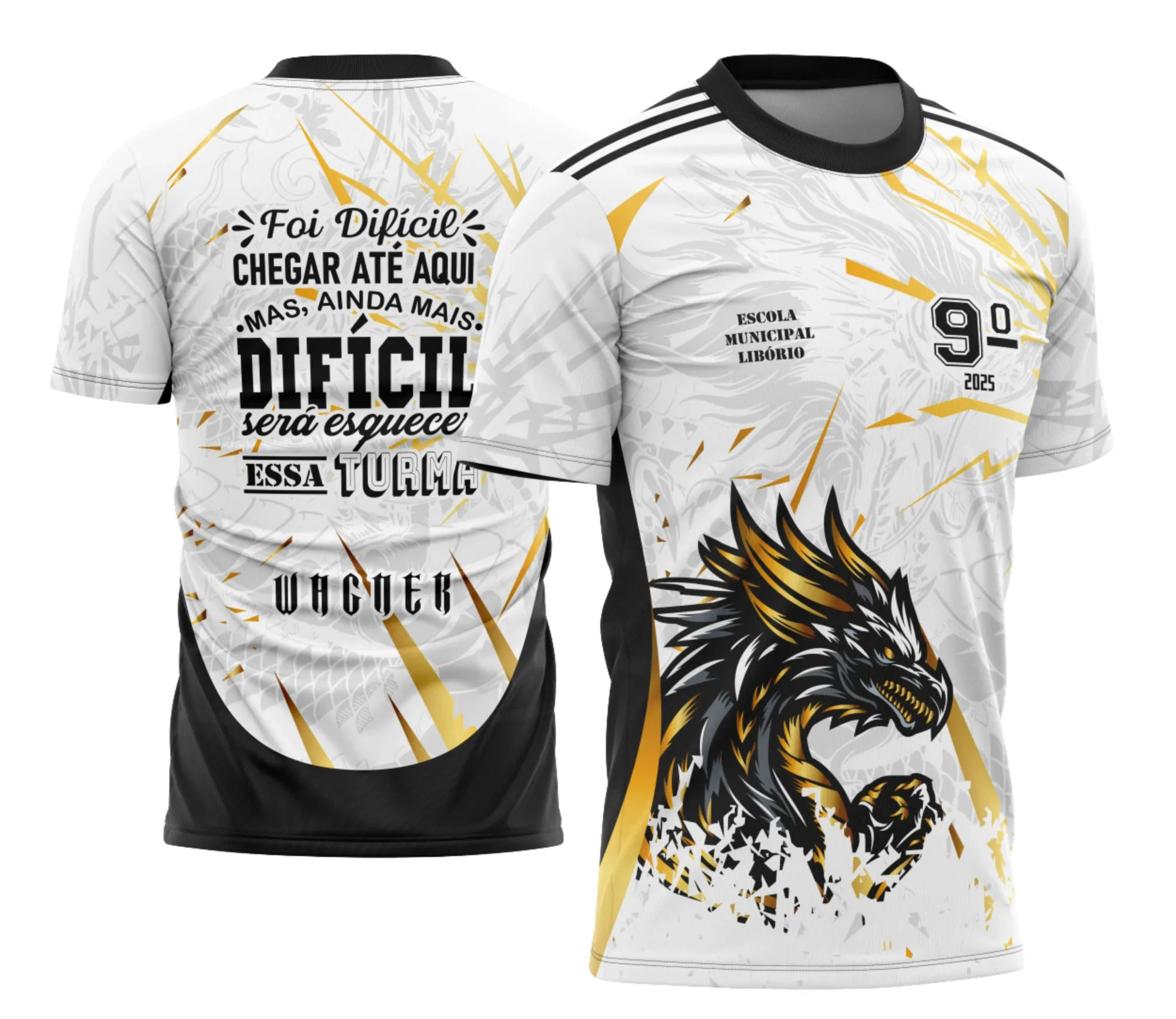 Camiseta unissex preta com logo no peito e estampa grande nas costas formando o tema Camisa Formandos Nono Ano Dragão com Frase.