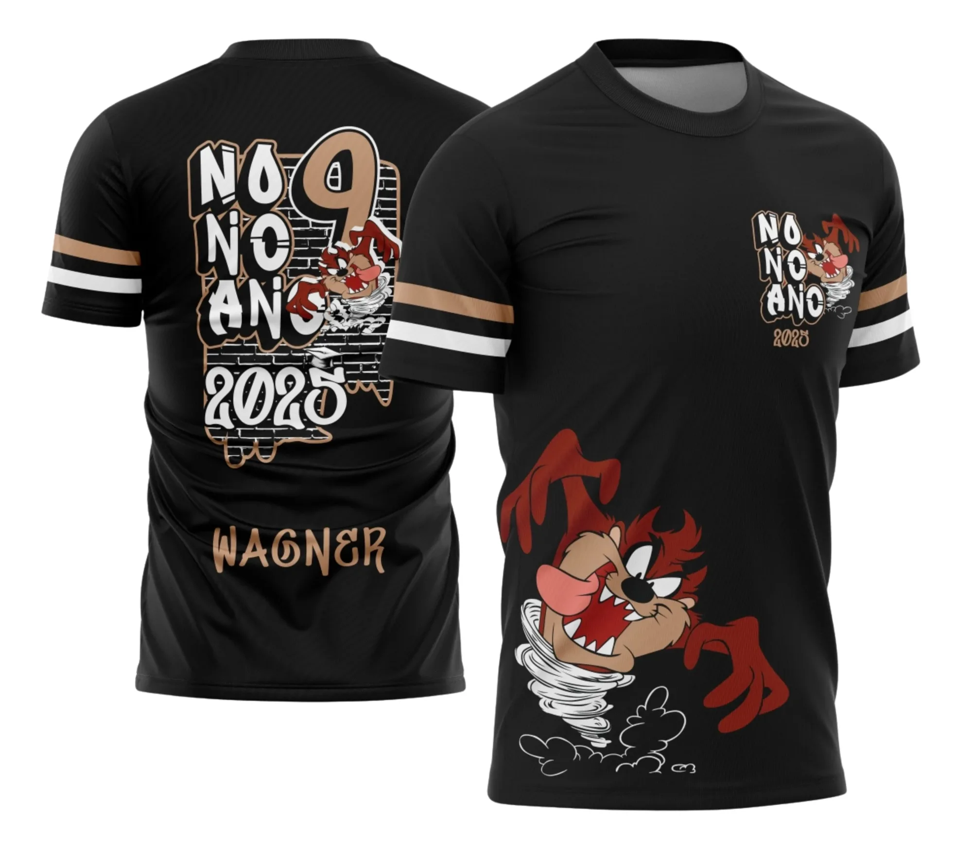 Camiseta unissex preta com logo no peito e estampa grande nas costas do tema Camisa Formandos Nono Ano Graffite Taz Mania Modelo 4, perfeita para festas de formatura com estilo e conforto.