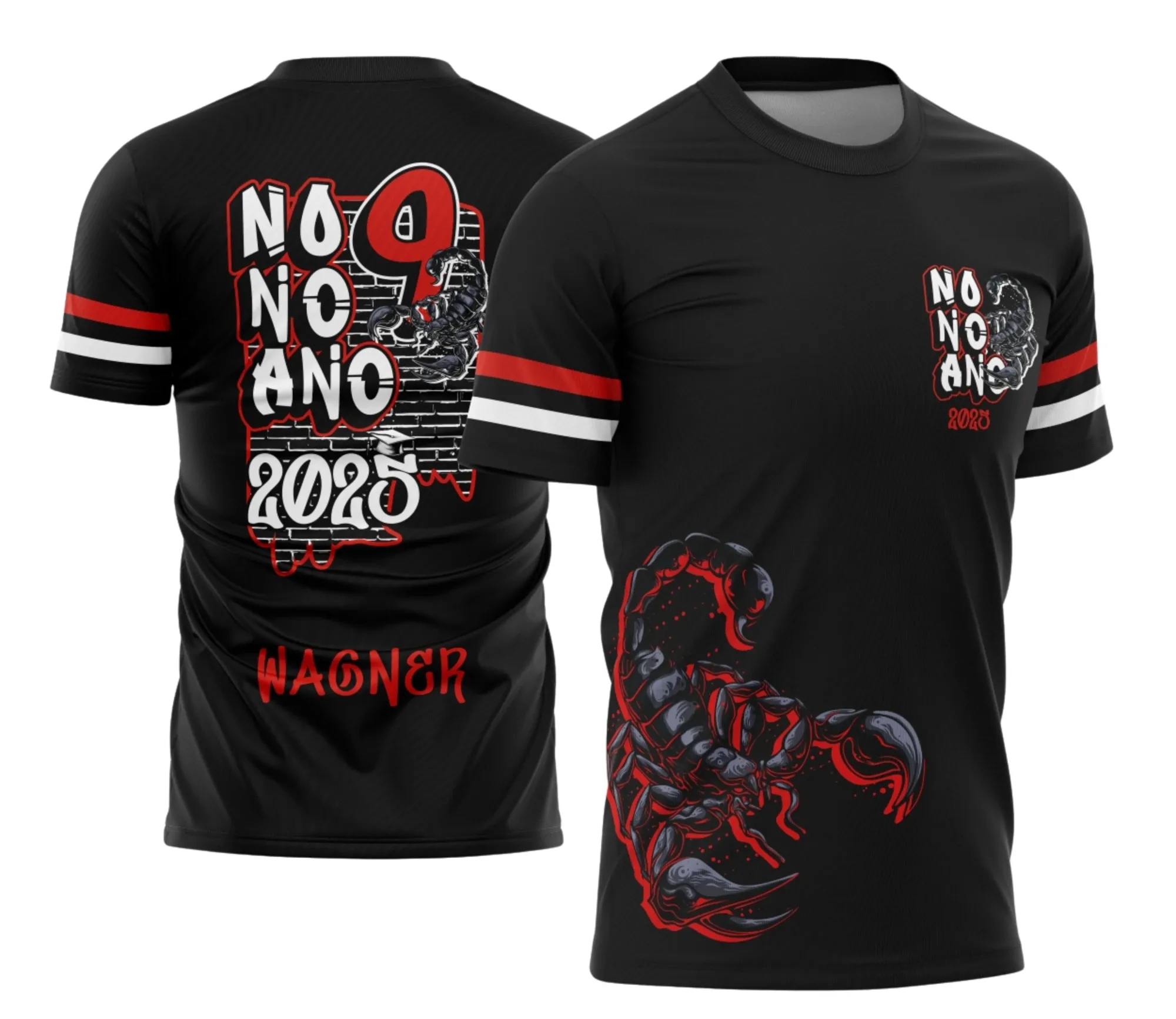 Camiseta unissex preta com logo no peito e estampa grande nas costas, tema Formandos Nono Ano Graffite Escorpião, design impactante e moderno para alunos do 9º ano.