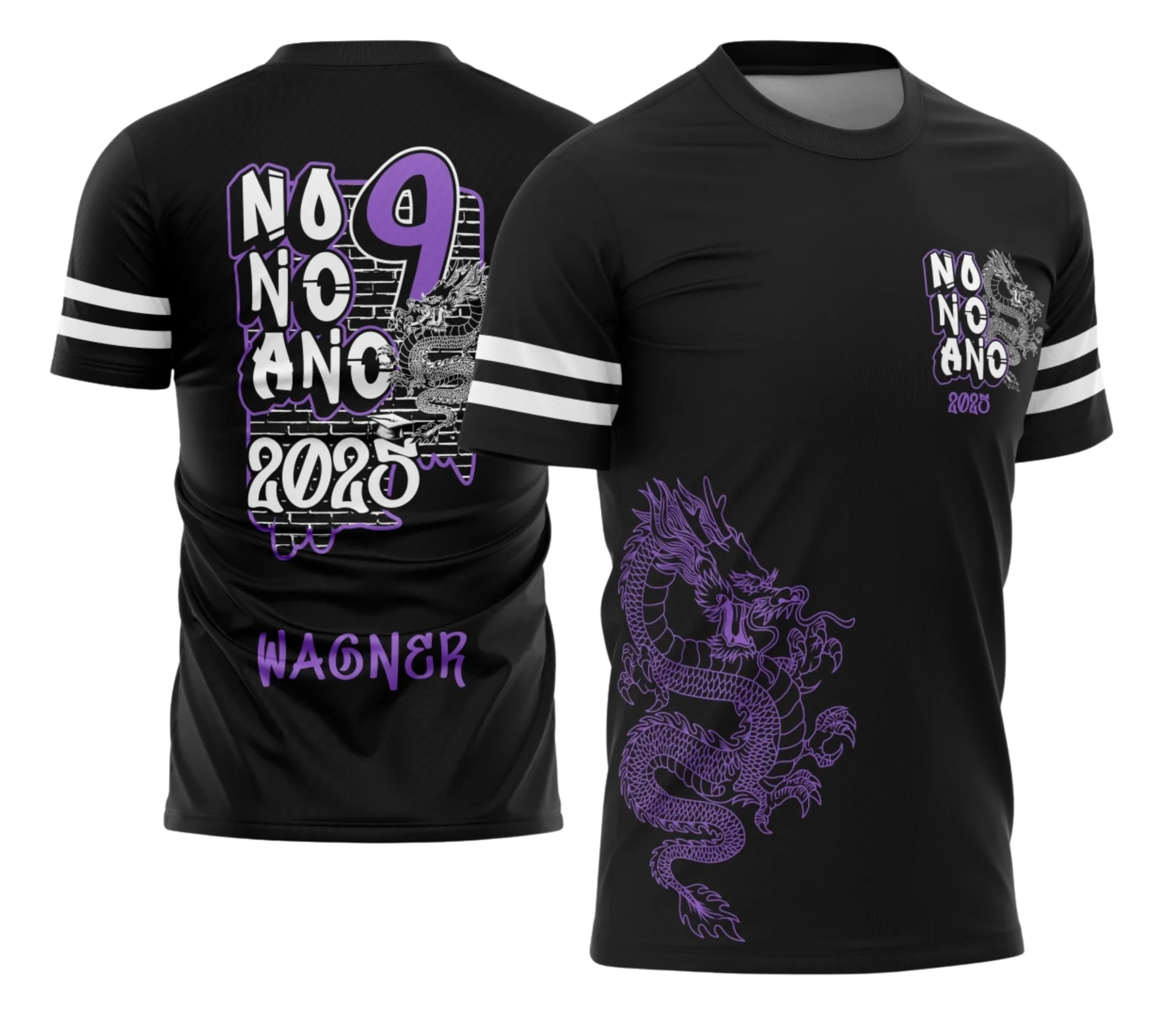 Camiseta unissex preta com logo no peito e estampa grande nas costas do tema Formandos Nono Ano Graffite Dragão modelo 2