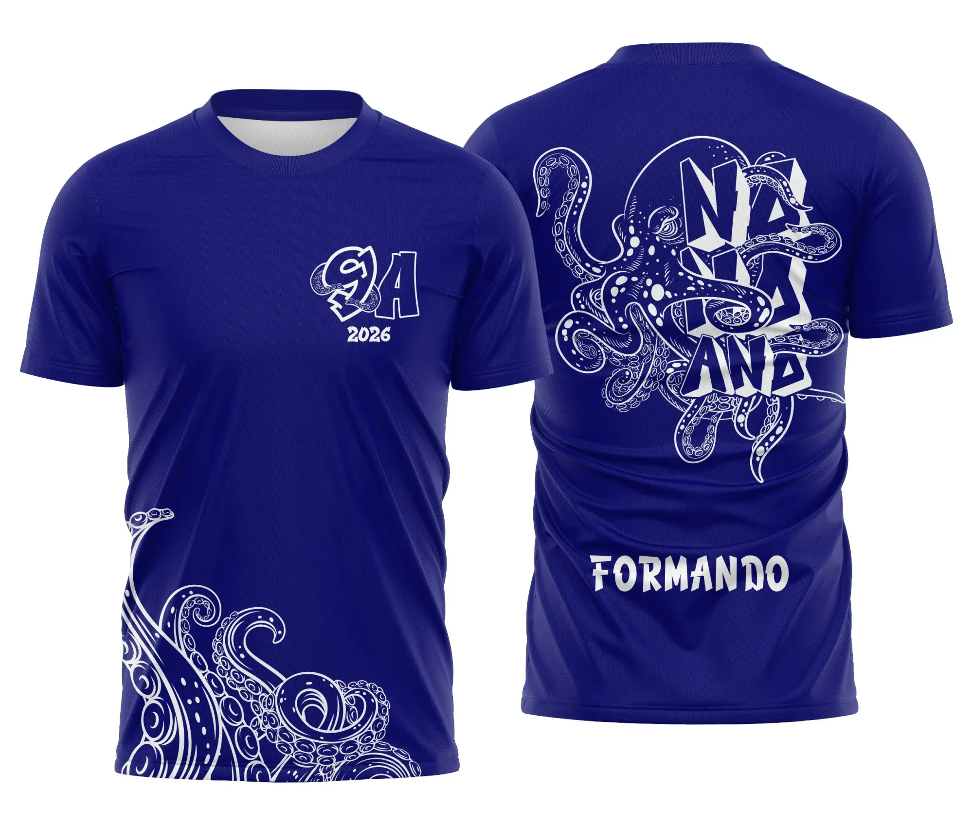 Camiseta unissex preta com logo no peito e estampa grande nas costas de um polvo azul estilizado, transmitindo personalidade e estilo para fãs do tema Nono Ano Polvo Azul.
