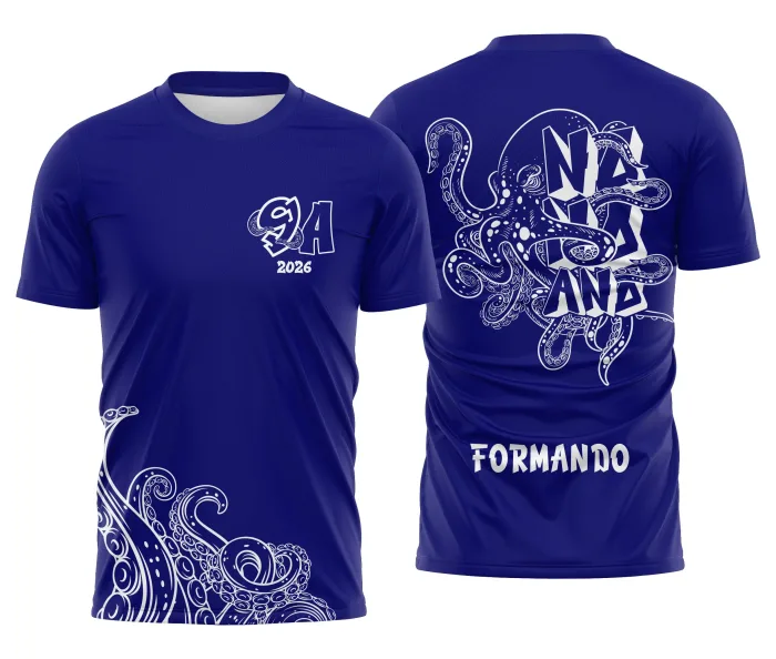 Camiseta unissex preta com logo no peito e estampa grande nas costas de um polvo azul estilizado, transmitindo personalidade e estilo para fãs do tema Nono Ano Polvo Azul.