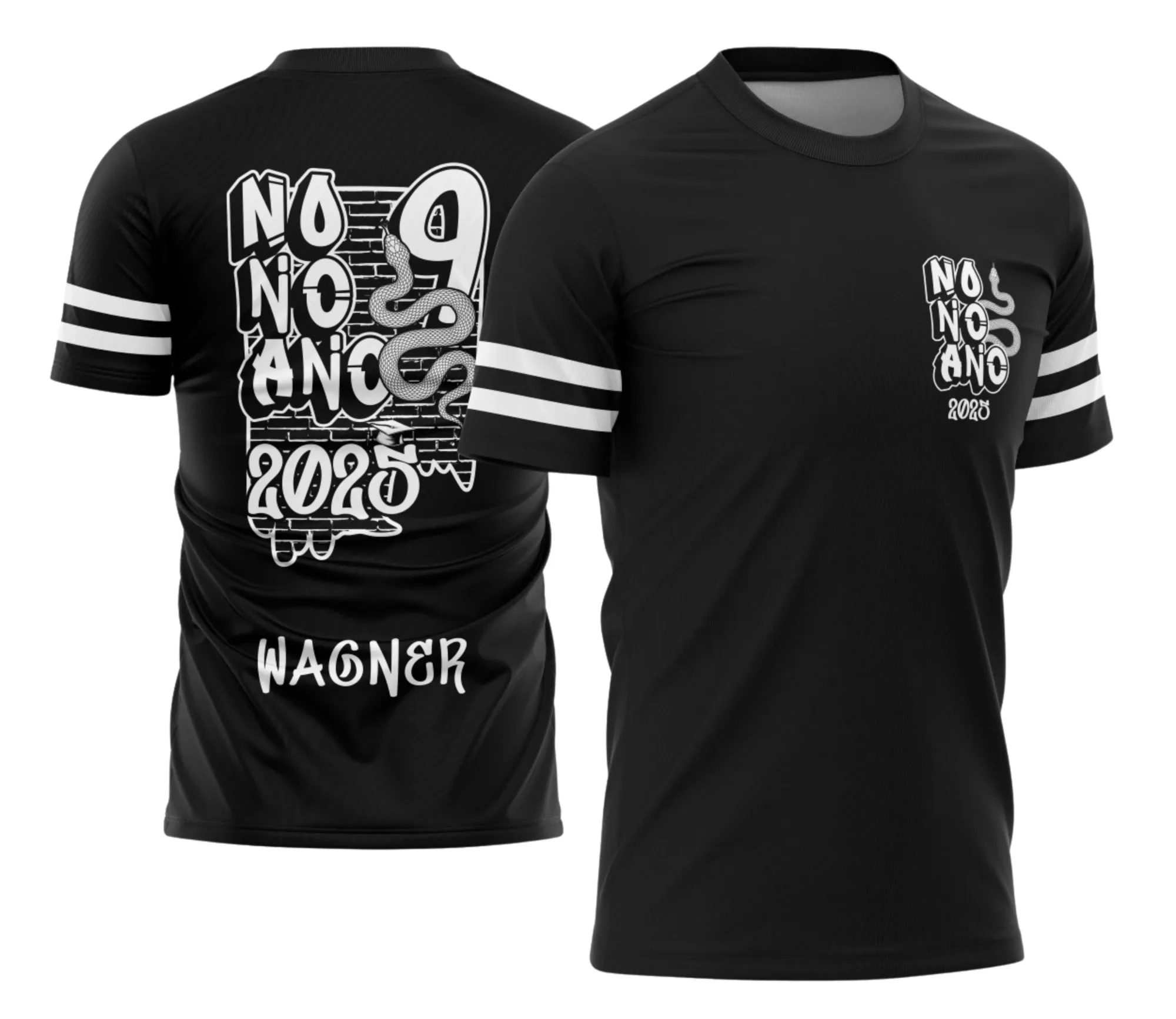 Camiseta unissex preta com logo no peito e estampa grande nas costas com design de formandos do nono ano em estilo grafite, perfeita para ocasiões escolares e celebrações de turmas.