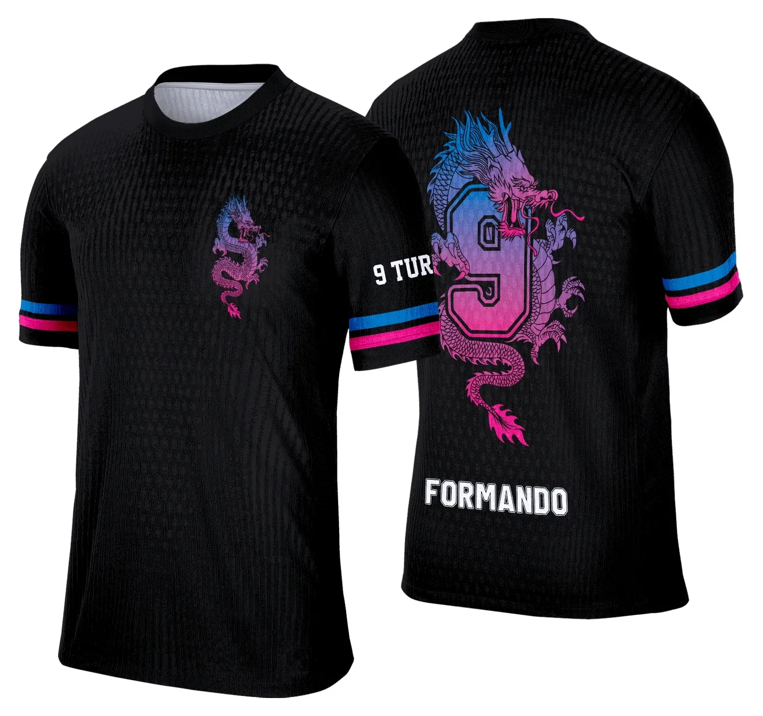 Camiseta unissex preta com logo no peito e estampa grande nas costas Dragão Degrade, elegante e moderna para formandos do Nono Ano 2026.