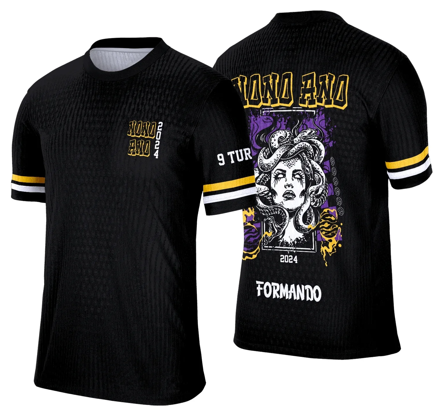 Camiseta unissex preta com logo no peito e estampa grande nas costas do tema Camisa Formandos Nono Ano 2026 Medusa, design moderno e destaque perfeito para formatura.