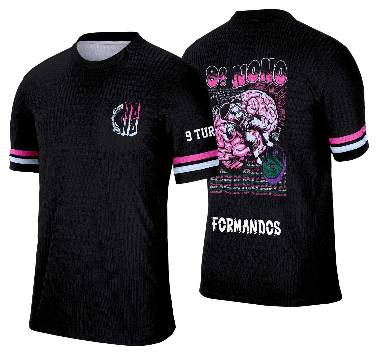 Foto de camiseta unissex preta com logo no peito e estampa grande nas costas tema Formandos Nono Ano 2026 Astronauta Cérebro, design moderno e inspirador, perfeita para celebração.