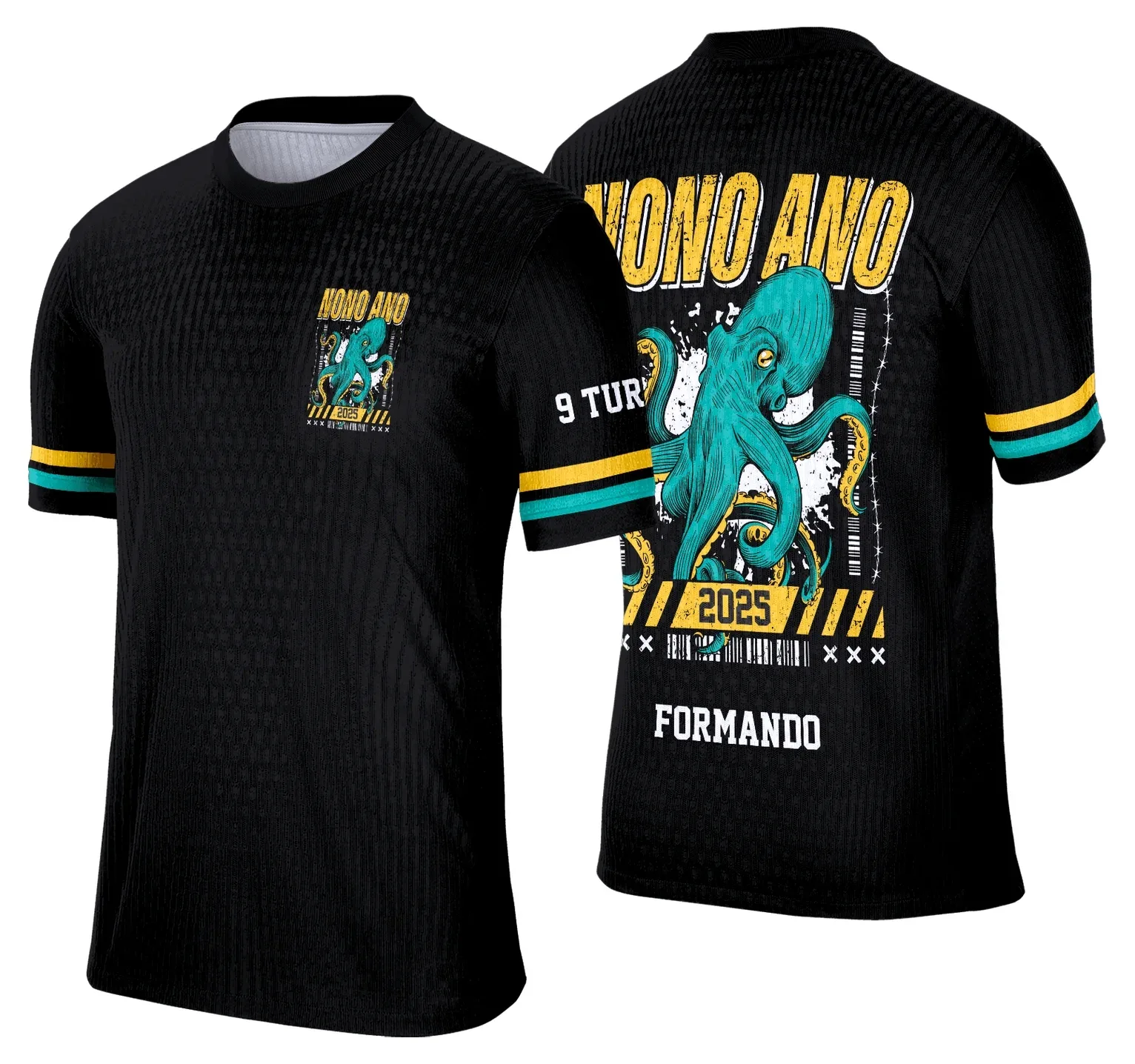 Camiseta unissex preta com logo no peito e estampa grande nas costas do Polvo Verde para Formandos do Nono Ano 2026, design chamativo e moderno para turma especial