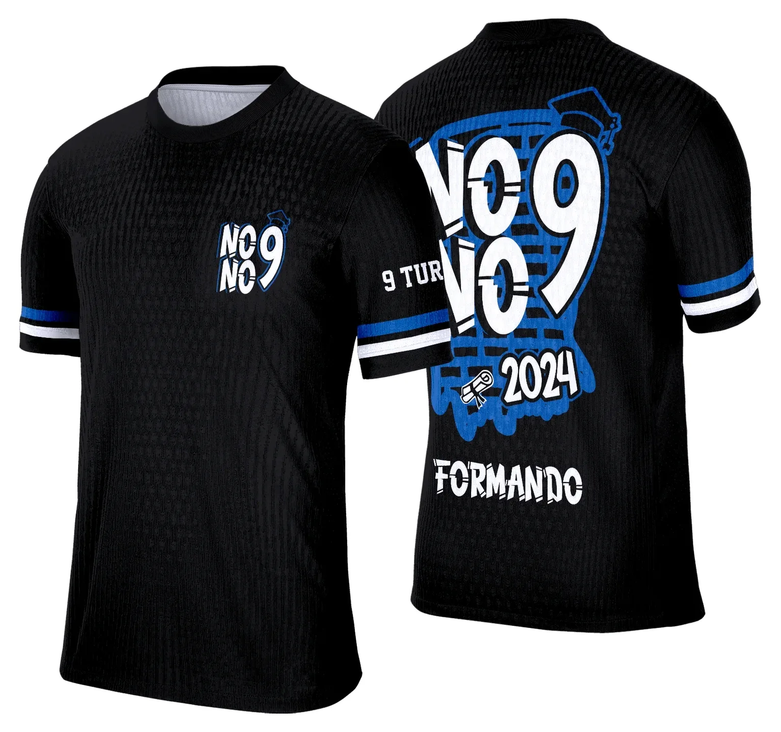 Camiseta unissex preta com logo no peito e estampa grande nas costas celebrando os formandos do Nono Ano 2026 com tema No Muro