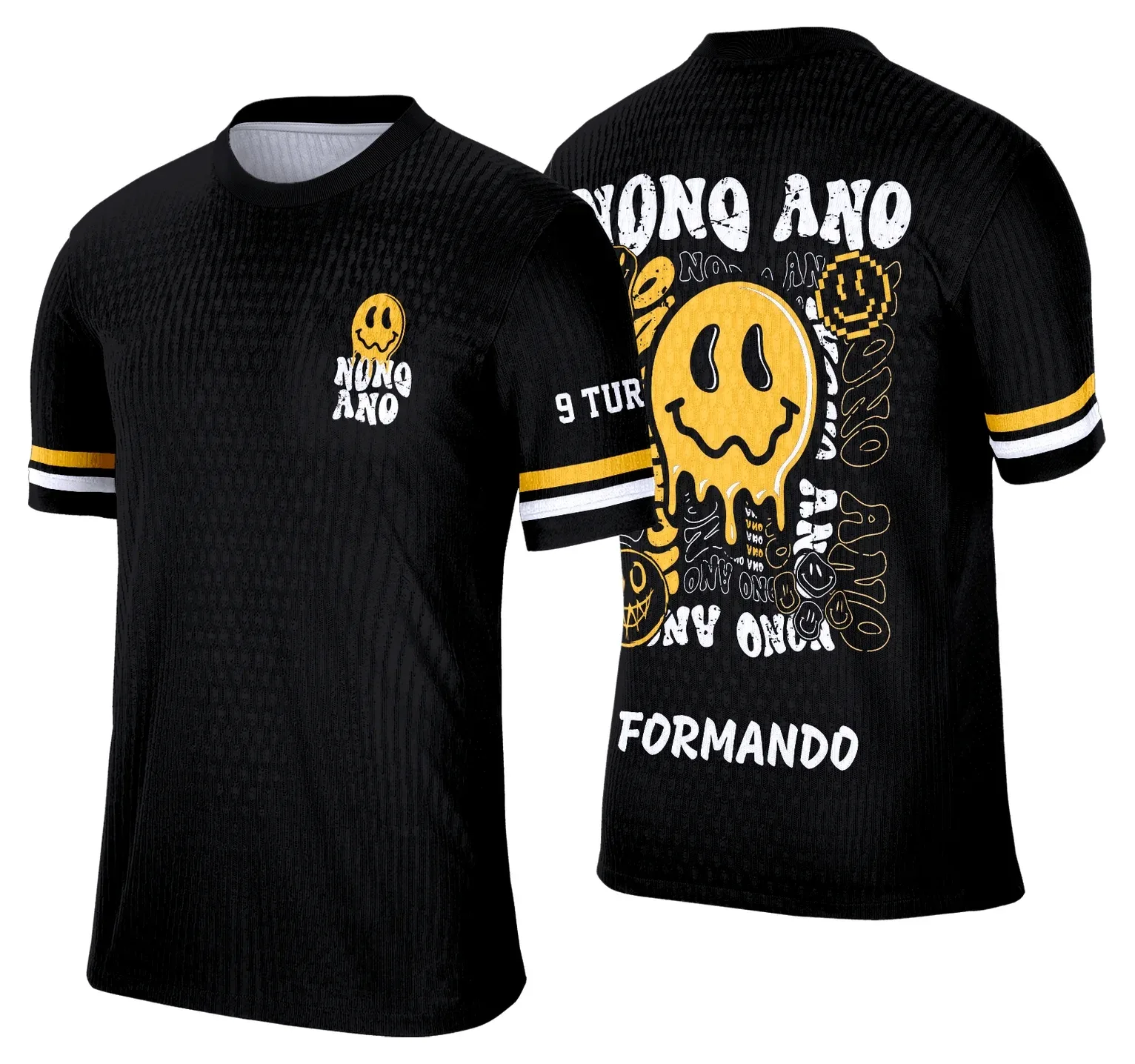Camiseta unissex branca com logo no peito e estampa grande nas costas com tema Formandos Nono Ano 2026 em Smile Amarelo, ideal para celebrações de formatura escolar.
