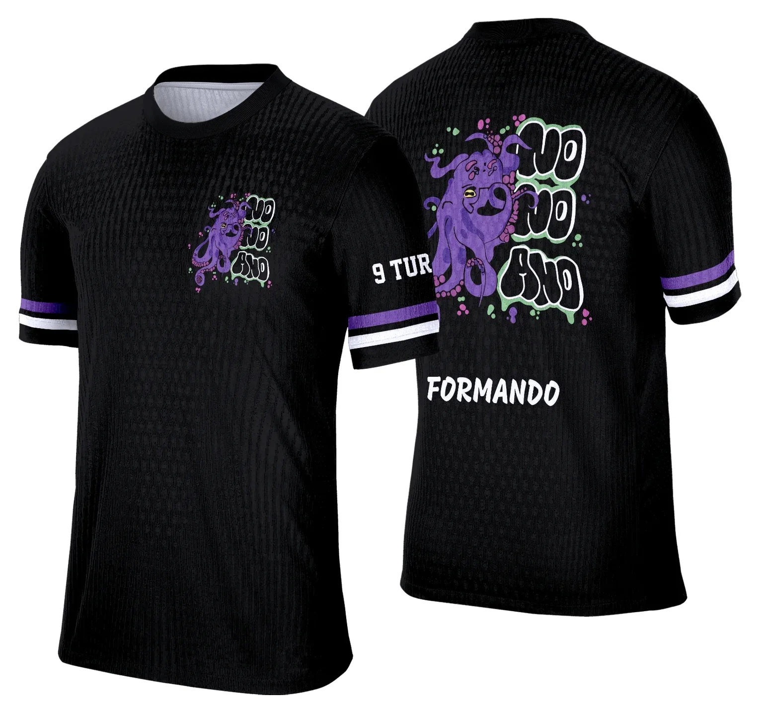 Camiseta unissex preta com logo no peito e estampa grande nas costas mostrando polvo roxo, ideal para formandos do nono ano 2026 celebrando a turma com estilo e destaque