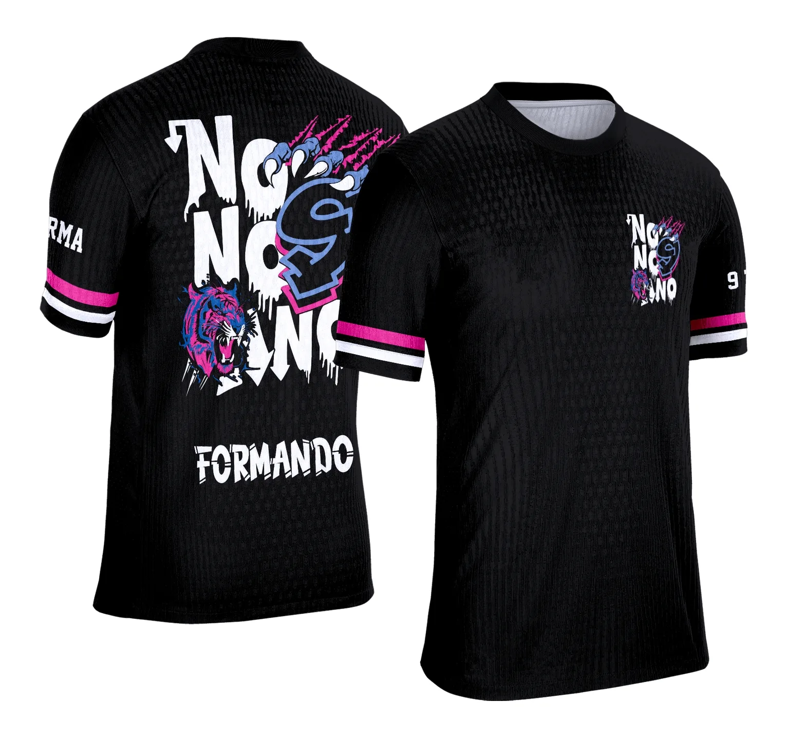Camiseta unissex branca com logo no peito e estampa grande nas costas mostrando o tema Formandos Nono Ano 2026 Tigre em azul e rosa vibrantes.