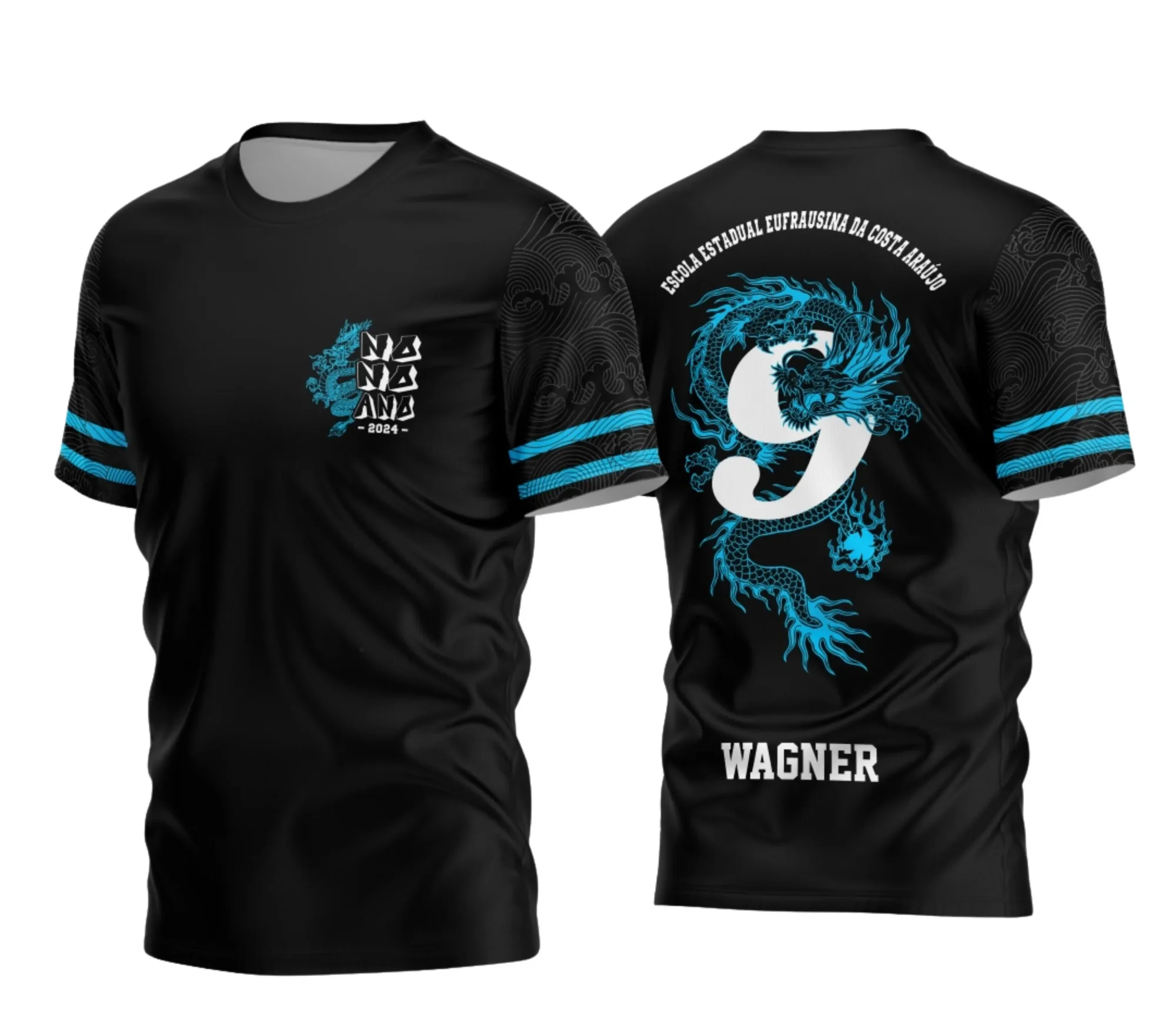Camiseta unissex preta com logo no peito e estampa grande nas costas inspirada no Nono Ano Dragão 2026, ideal para fãs e turma escolar destacarem união e força.