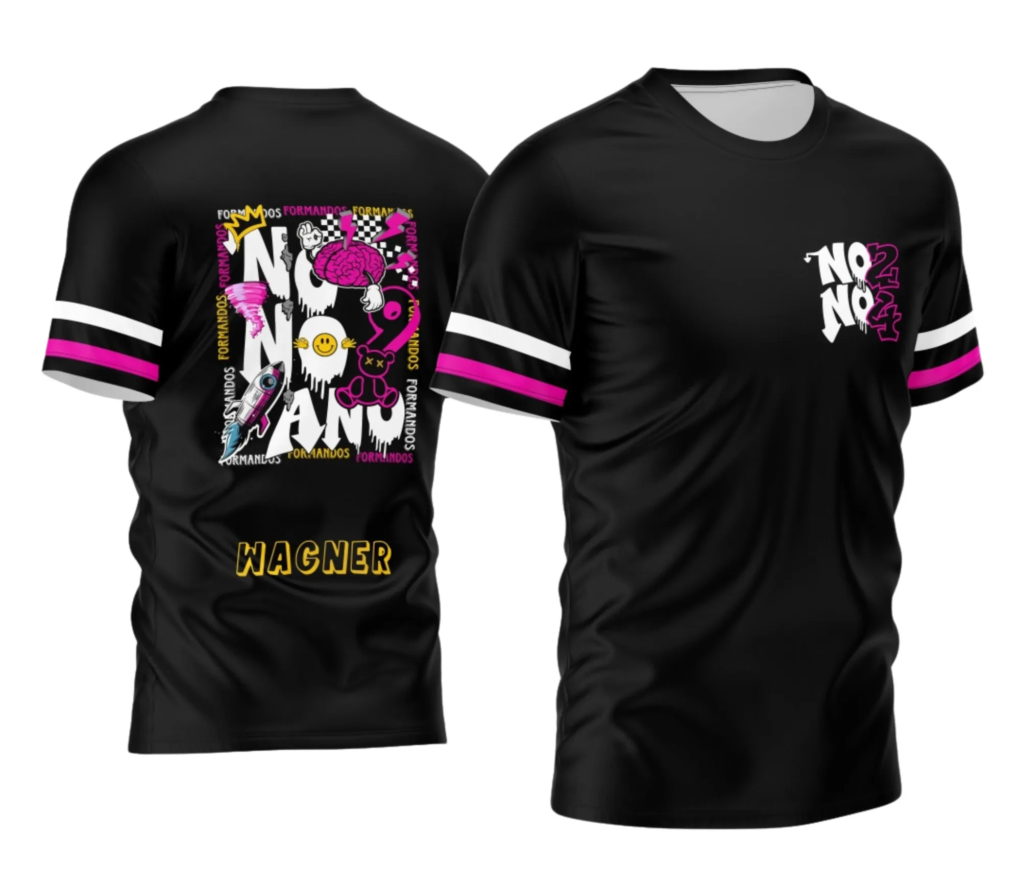 Foto de camiseta unissex branca com logo no peito e estampa grande nas costas mostrando foguete e urso para o tema camisas do Nono Ano 2026, com design moderno e atraente.