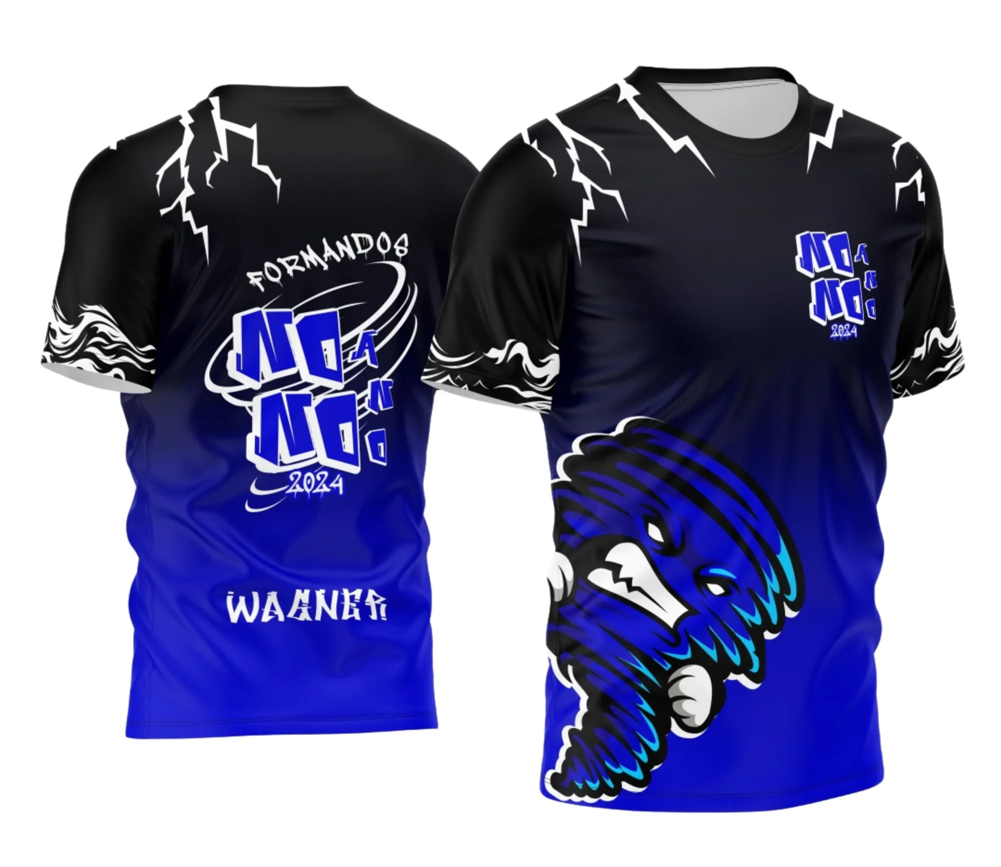 Camiseta unissex preta com logo no peito e estampa grande nas costas de Formandos Nono Ano 2026 Furacão modelo 2, destaque em design vibrante para celebração escolar.