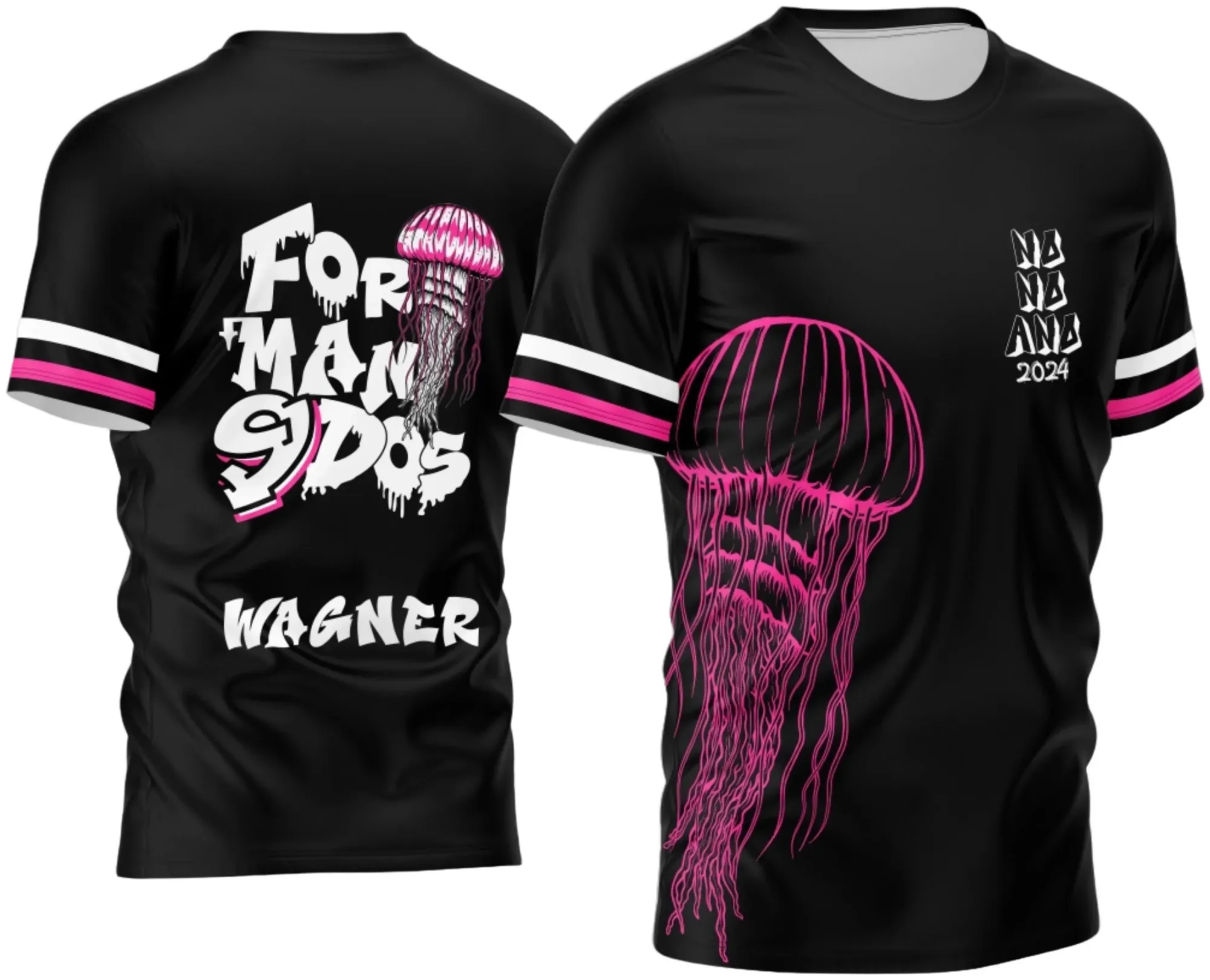 Camiseta unissex branca com logo no peito e estampa grande nas costas da turma Formandos Nono Ano 2026 Água-Viva, design moderno e vibrante destacando a identidade da turma.