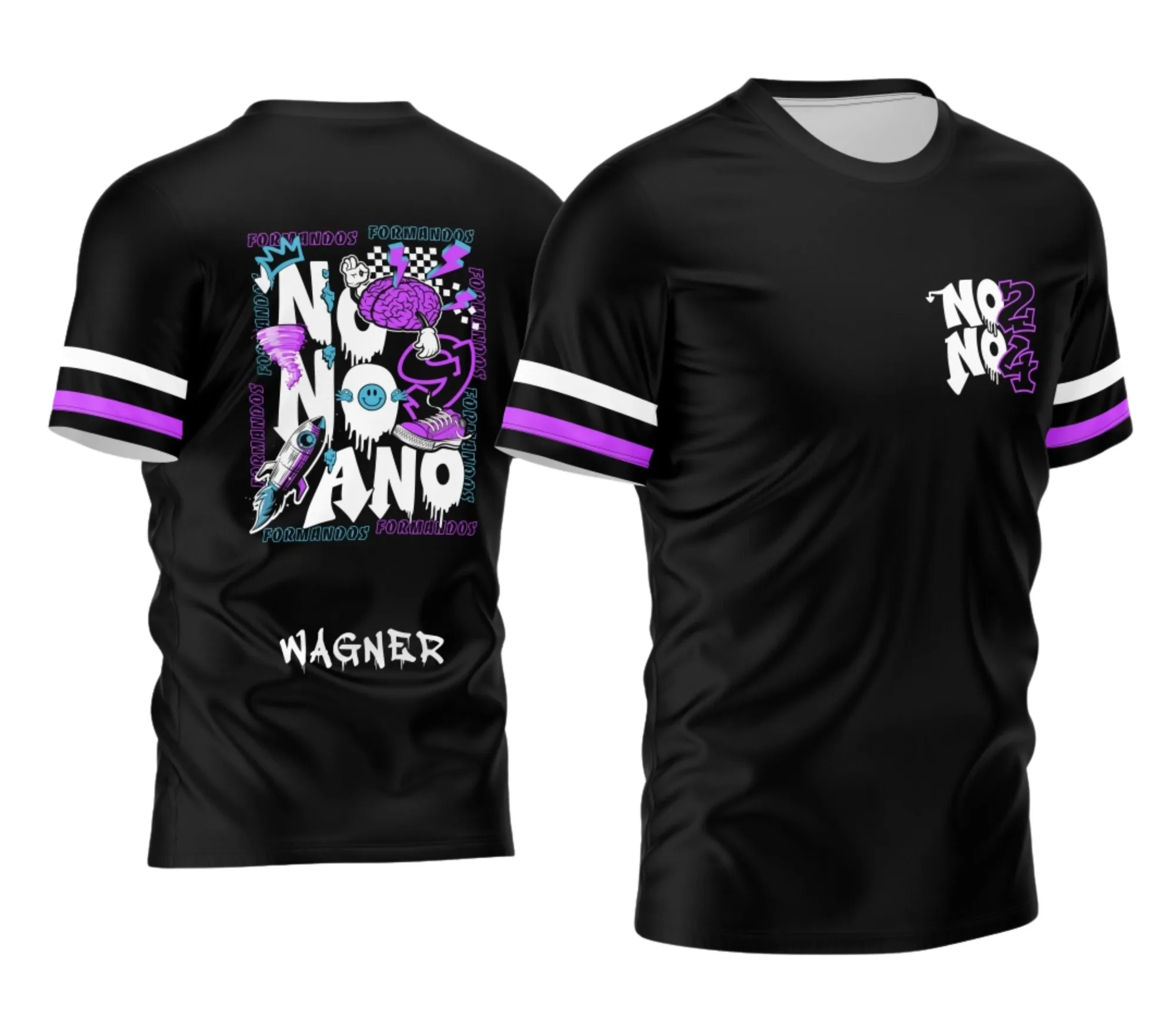 Camiseta unissex preta com logo no peito e estampa grande nas costas mostrando foguete em lançamento, tema Nono Ano 2026, design moderno e impactante para estudantes.