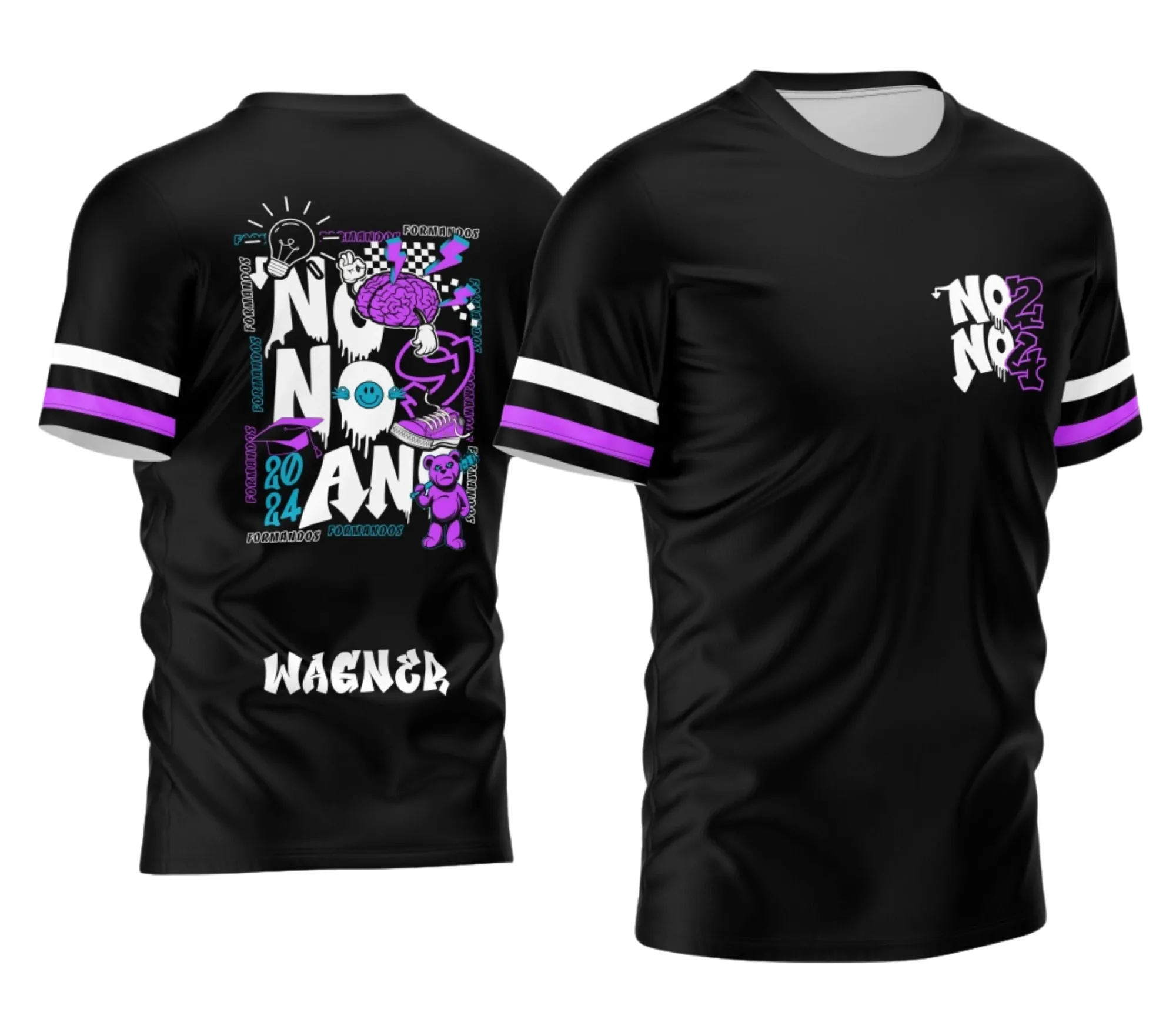 Camiseta unissex branca com logo no peito e estampa grande nas costas mostrando tema dos Formandos do Nono Ano com urso 2026, ideal para celebrações e recordações escolares.