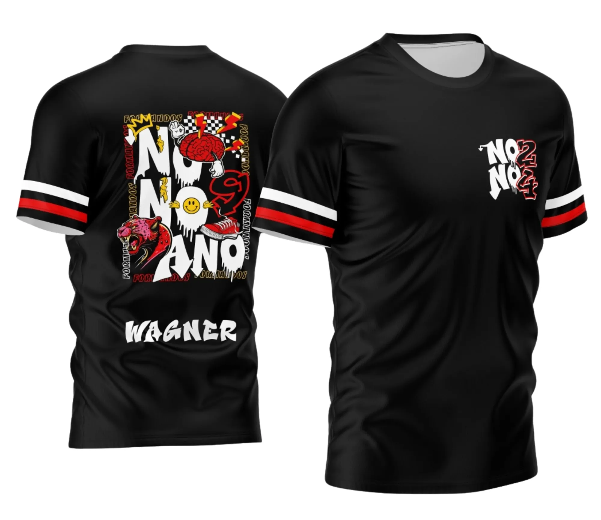 Camiseta unissex preta com logo no peito e estampa grande nas costas de onça vermelha, estilo Nono Ano, ideal para quem busca design marcante e moderno.