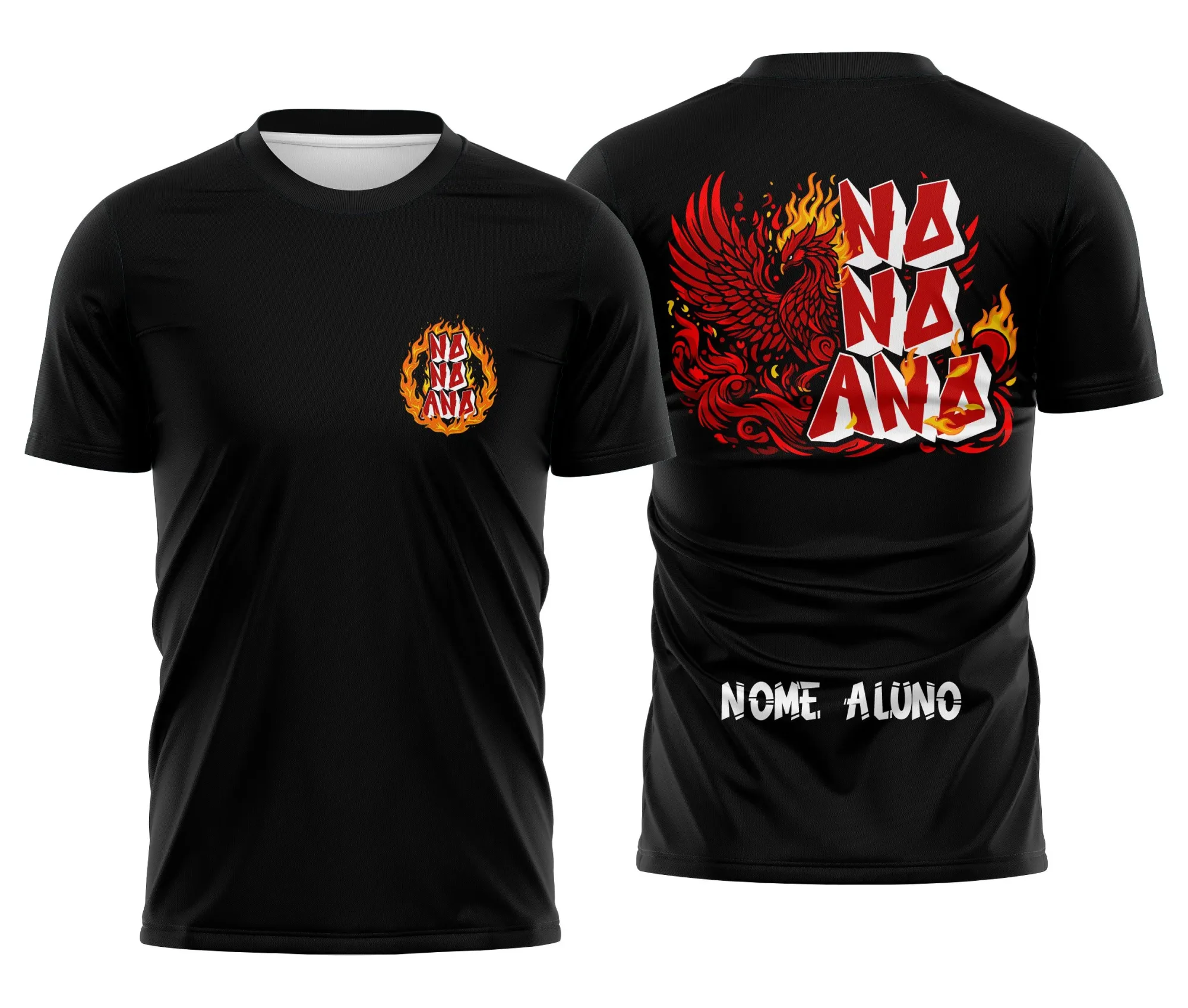 Camiseta unissex preta com logo no peito e estampa grande nas costas mostrando a Fênix Vermelha, temática do Nono Ano, perfeita para estudantes comemorarem juntos.