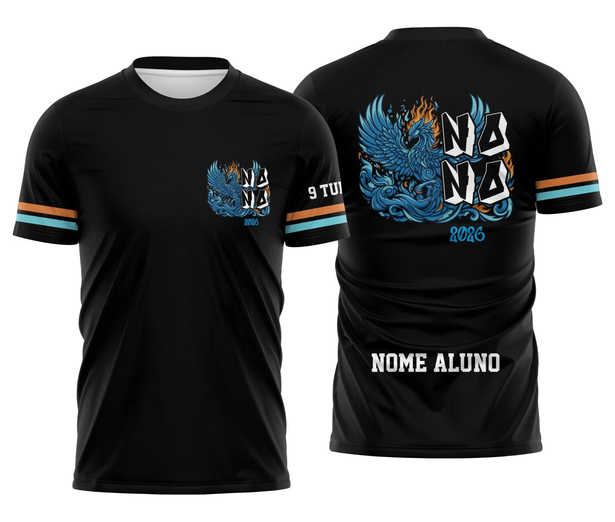 Camiseta unissex preta com logo no peito e estampa grande nas costas com tema Nono Ano Fênix, design moderno e vibrante, perfeita para estudantes que querem marcar a turma.