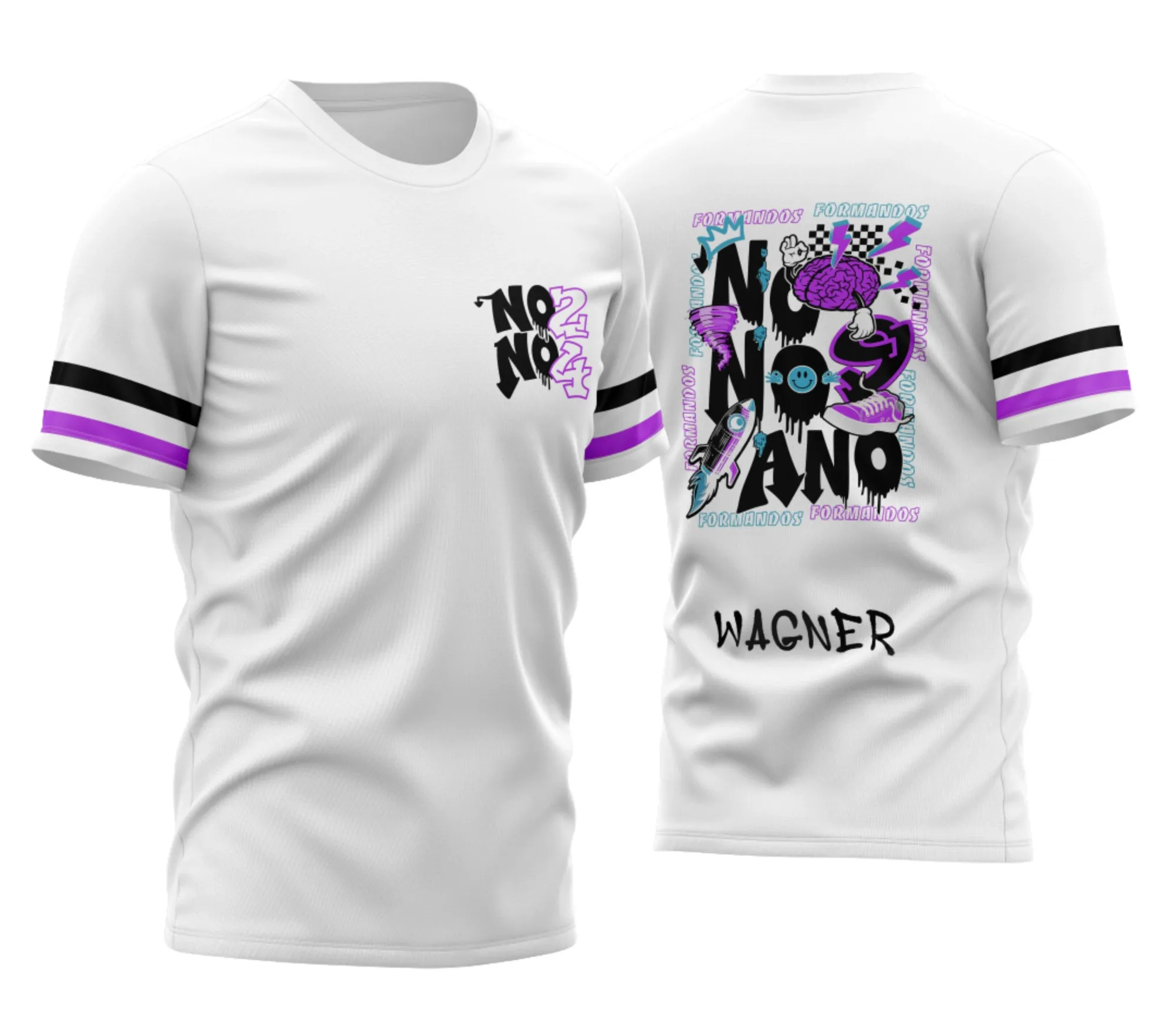 Camiseta unissex branca com logo no peito e estampa grande nas costas com tema Nono Ano 2026 Foguete, estilo moderno e jovem, perfeita para estudantes que querem estilo e identidade.