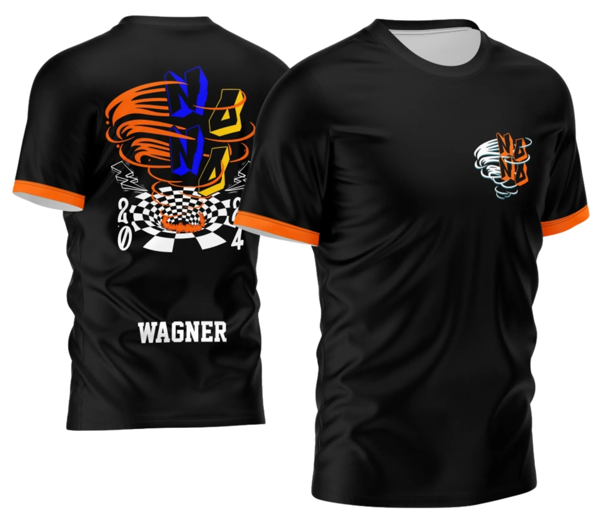 Camiseta unissex preta com logo no peito e estampa grande nas costas em tema Nono Ano 2026 Furacão nas cores laranja e amarelo, perfeita para estudantes que querem mostrar orgulho e estilo.