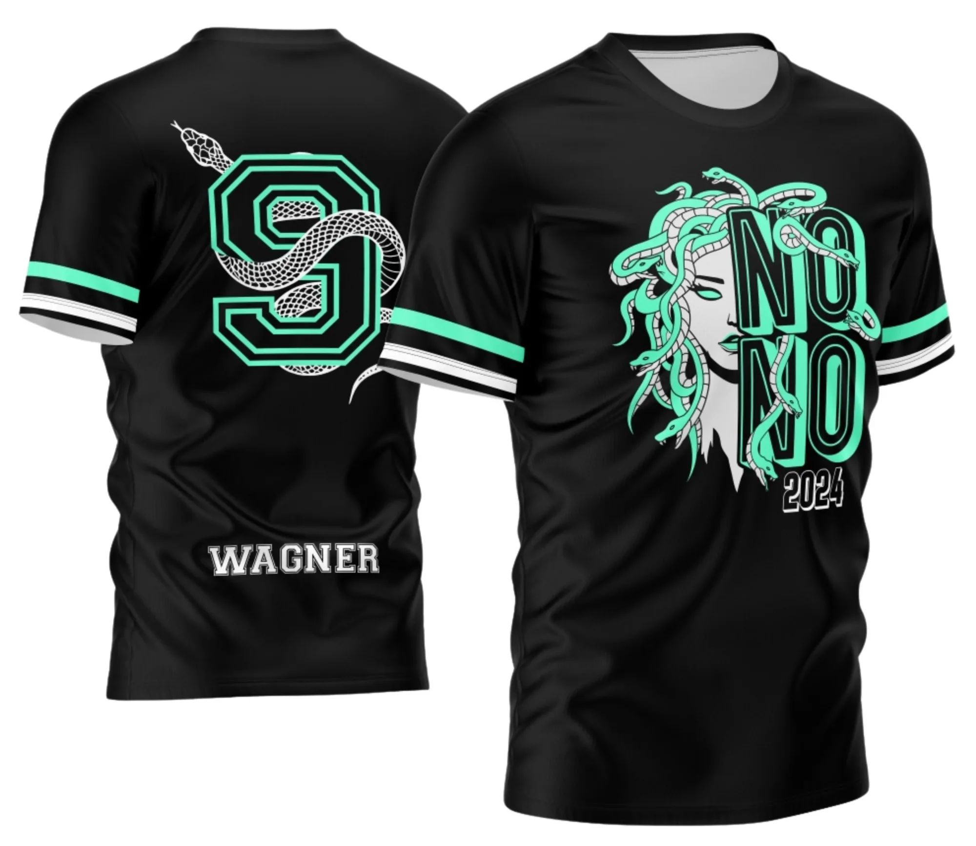 Camiseta unissex verde com logo no peito e estampa grande nas costas com design inspirado em Nono Ano 2026 Medusa, destacando um estilo moderno e impactante em tom verde vibrante.