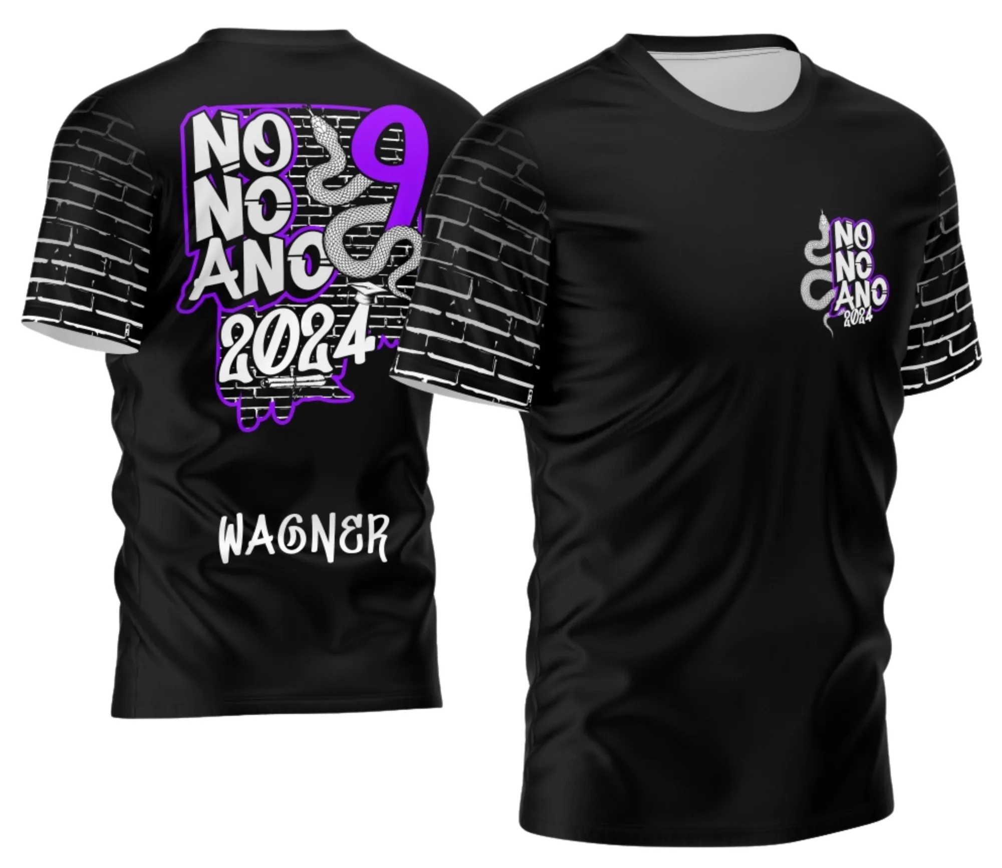 Camiseta unissex preta com logo no peito e estampa grande nas costas destacando cobra grafite para o Nono Ano 2026, estilo moderno e impactante.