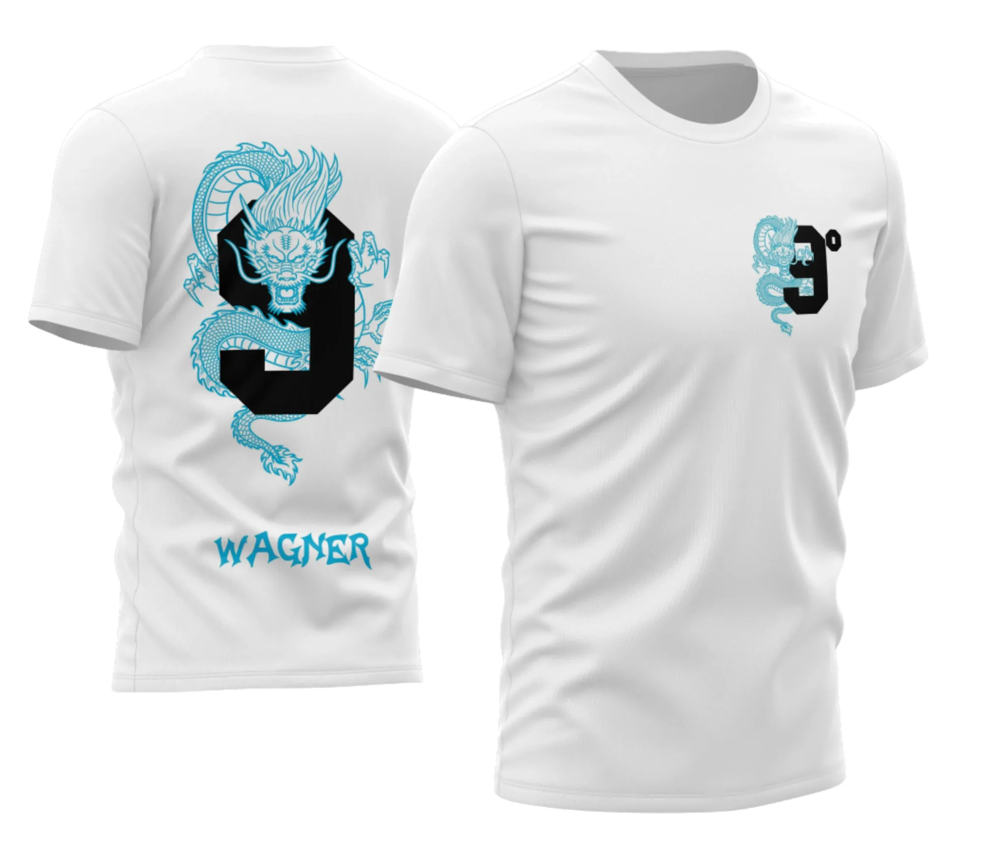 Camiseta unissex preta com logo no peito e estampa grande nas costas inspirada no Nono Ano 2026 Dragão, destacando um design vibrante e impactante para fãs e estudantes.