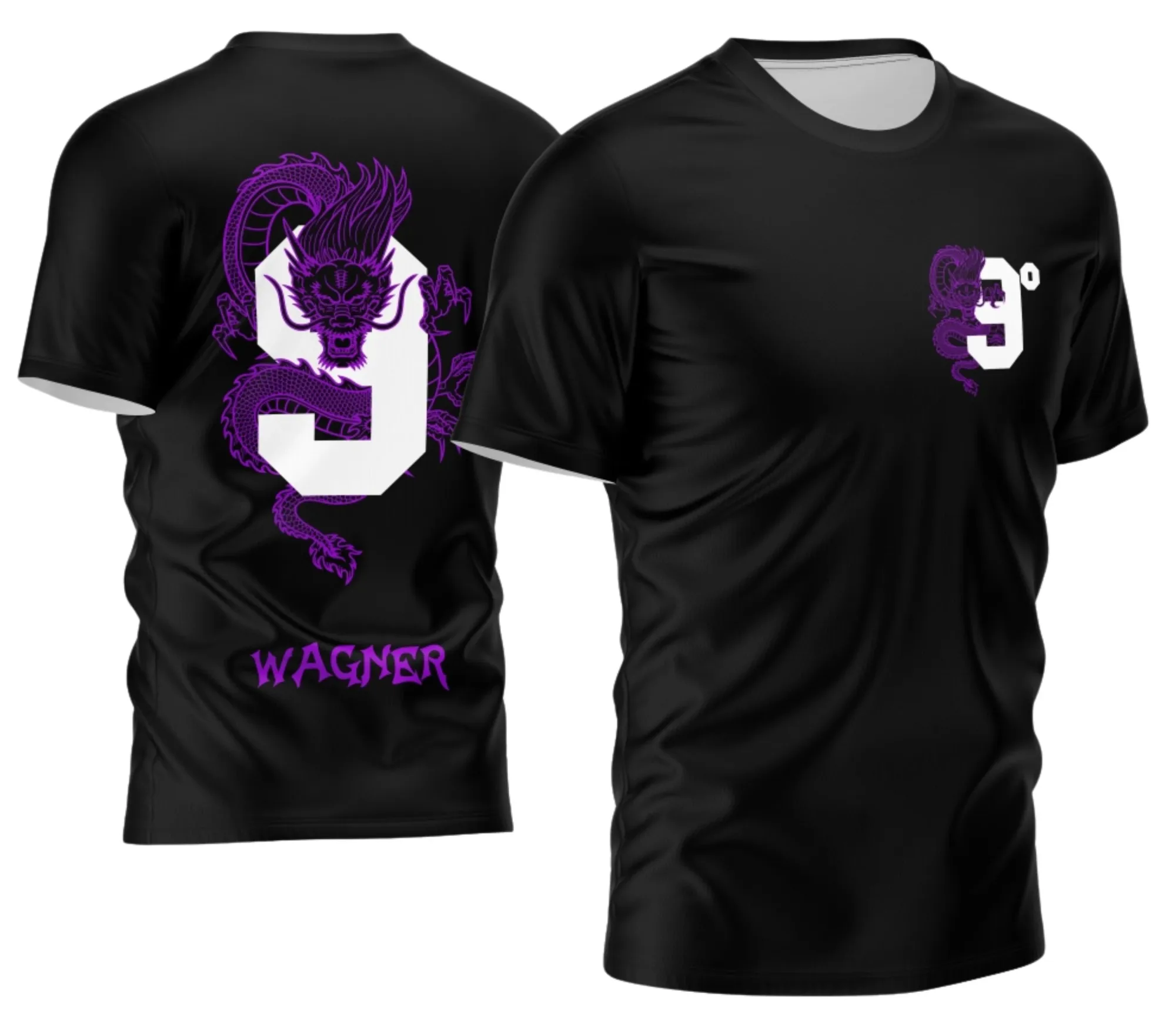 Camiseta preta unissex com logo no peito e estampa grande nas costas com design Dragão para o Nono Ano 2026, modelo 5, perfeita para uniformes escolares e eventos.