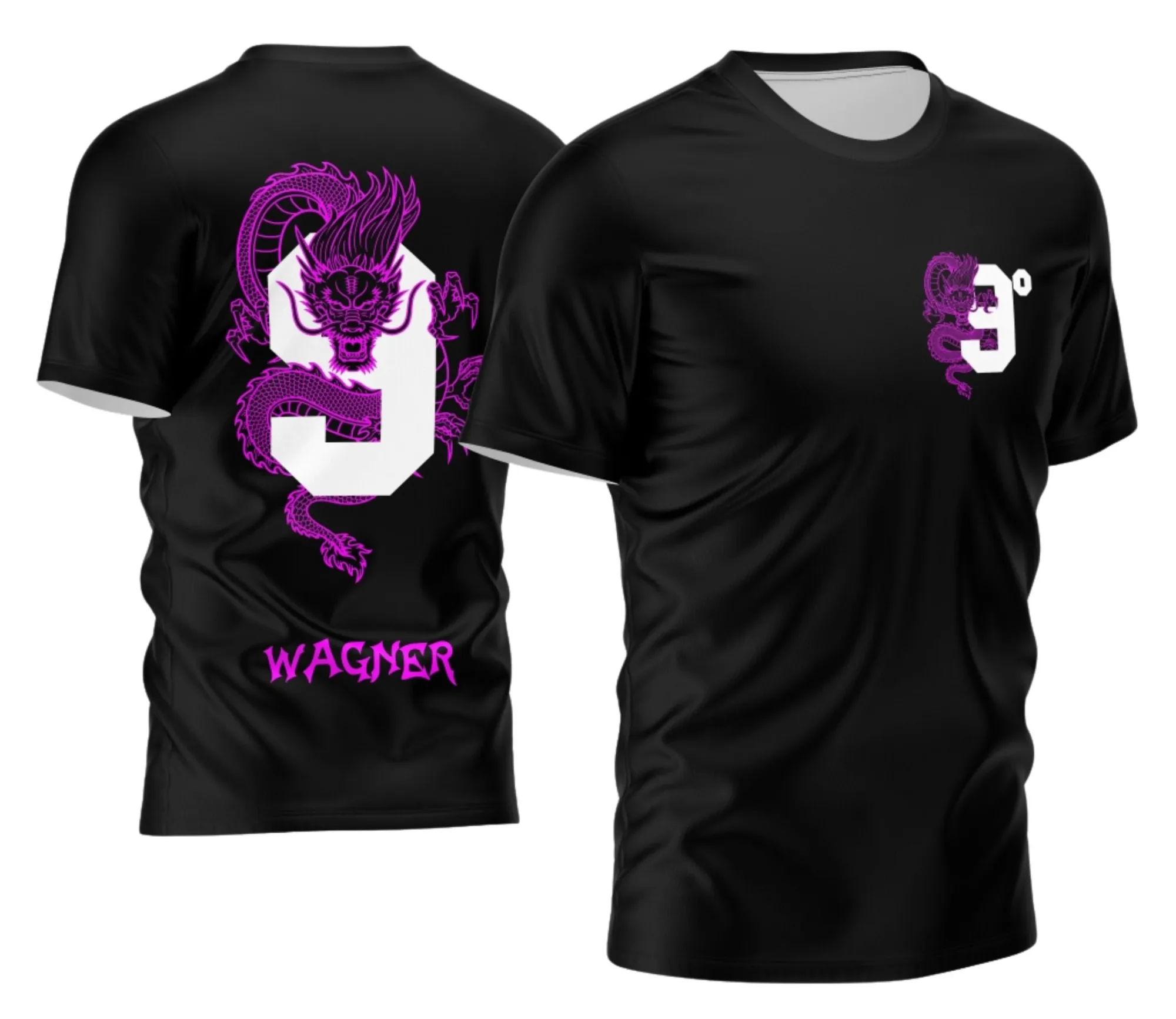 Camiseta unissex preta com logo no peito e estampa grande nas costas mostrando tema Dragão do Nono Ano 2026 em design impactante e moderno.