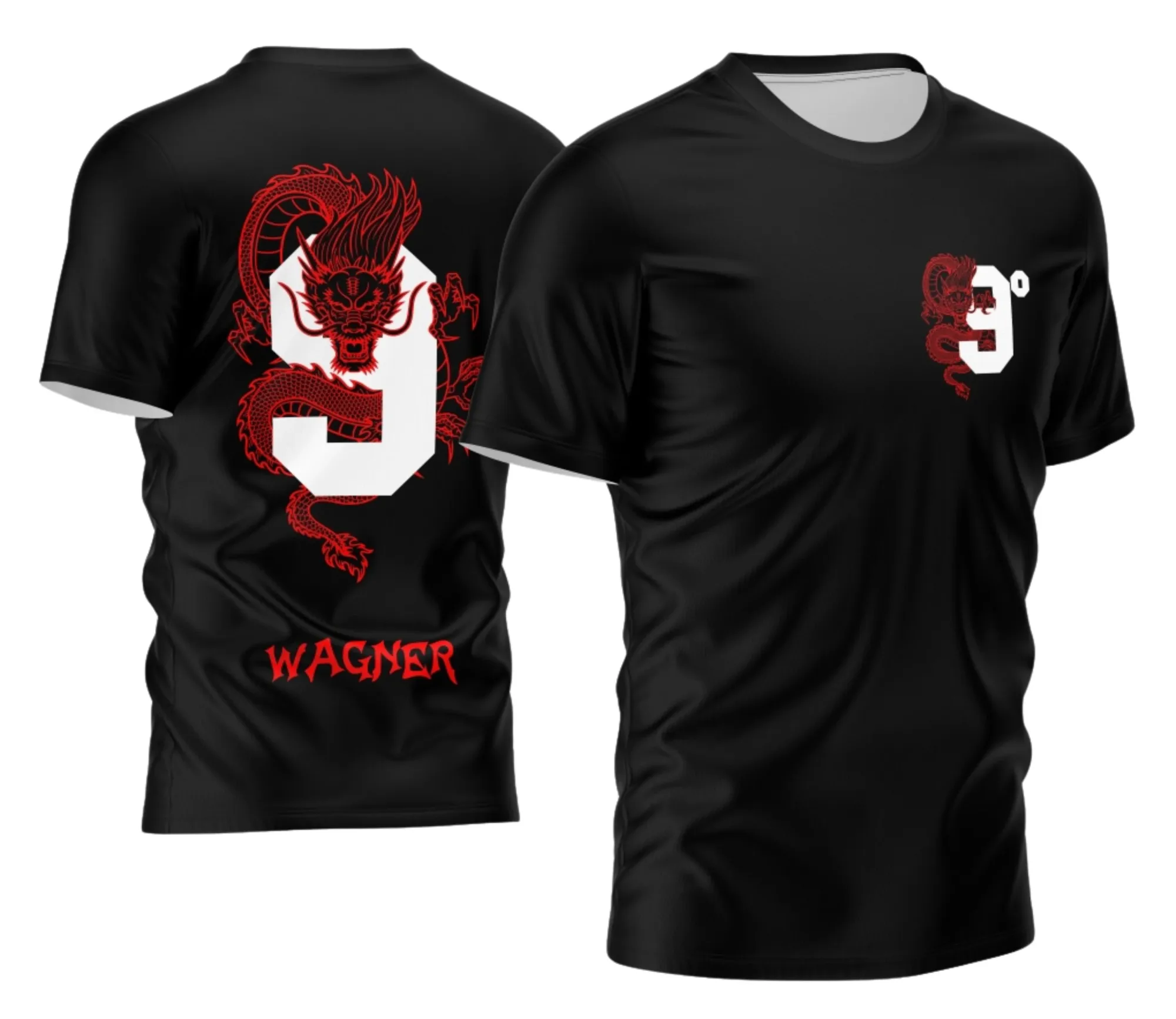 Camiseta unissex preta com logo no peito e estampa grande nas costas do Nono Ano 2026 Dragão modelo 7, ideal para alunos e fãs do tema escola e dragões.