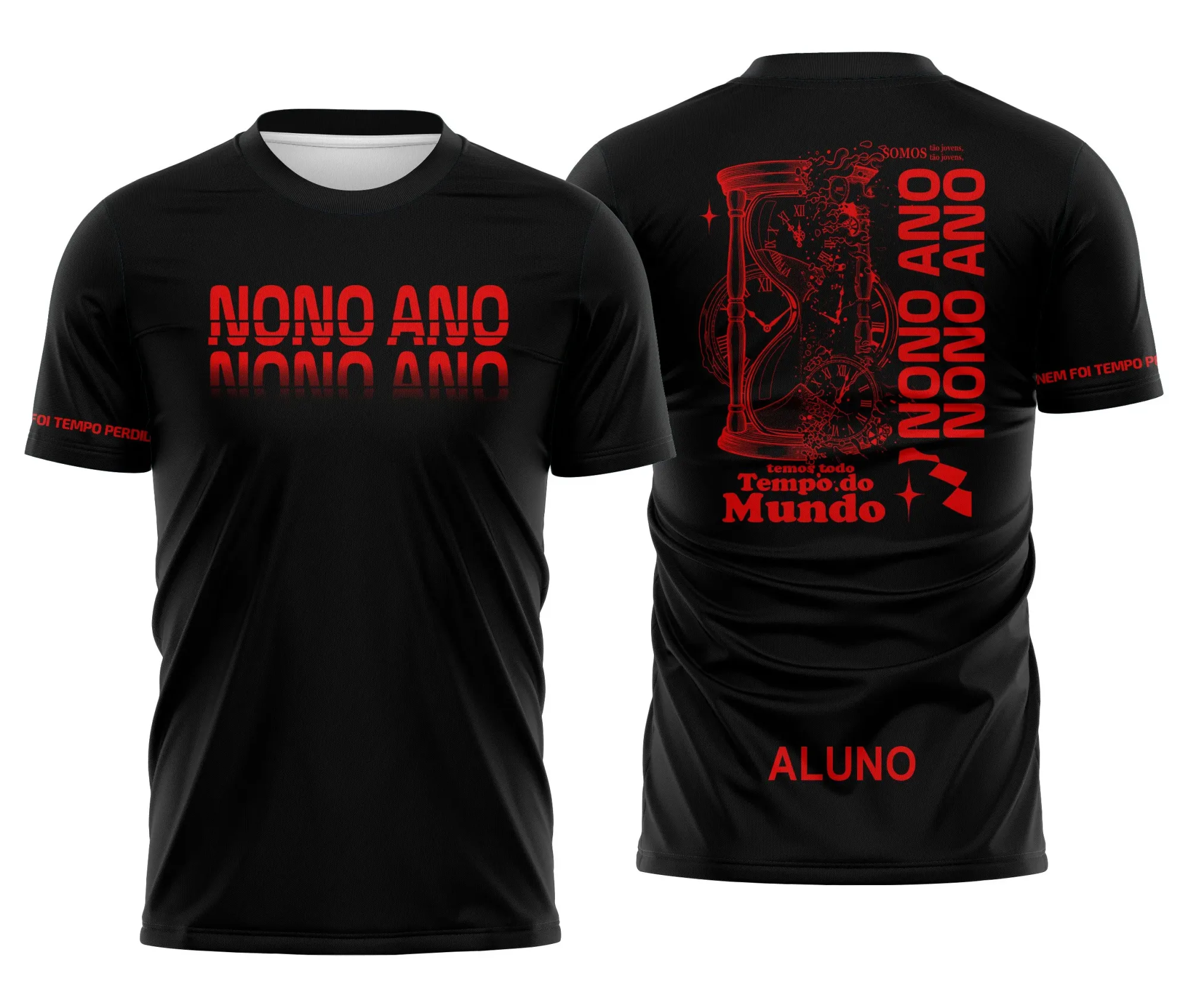 Camiseta unissex preta com logo no peito e estampa grande nas costas com tema Nono Ano Tempo Perdido, ideal para estudantes e fãs da cultura escolar.