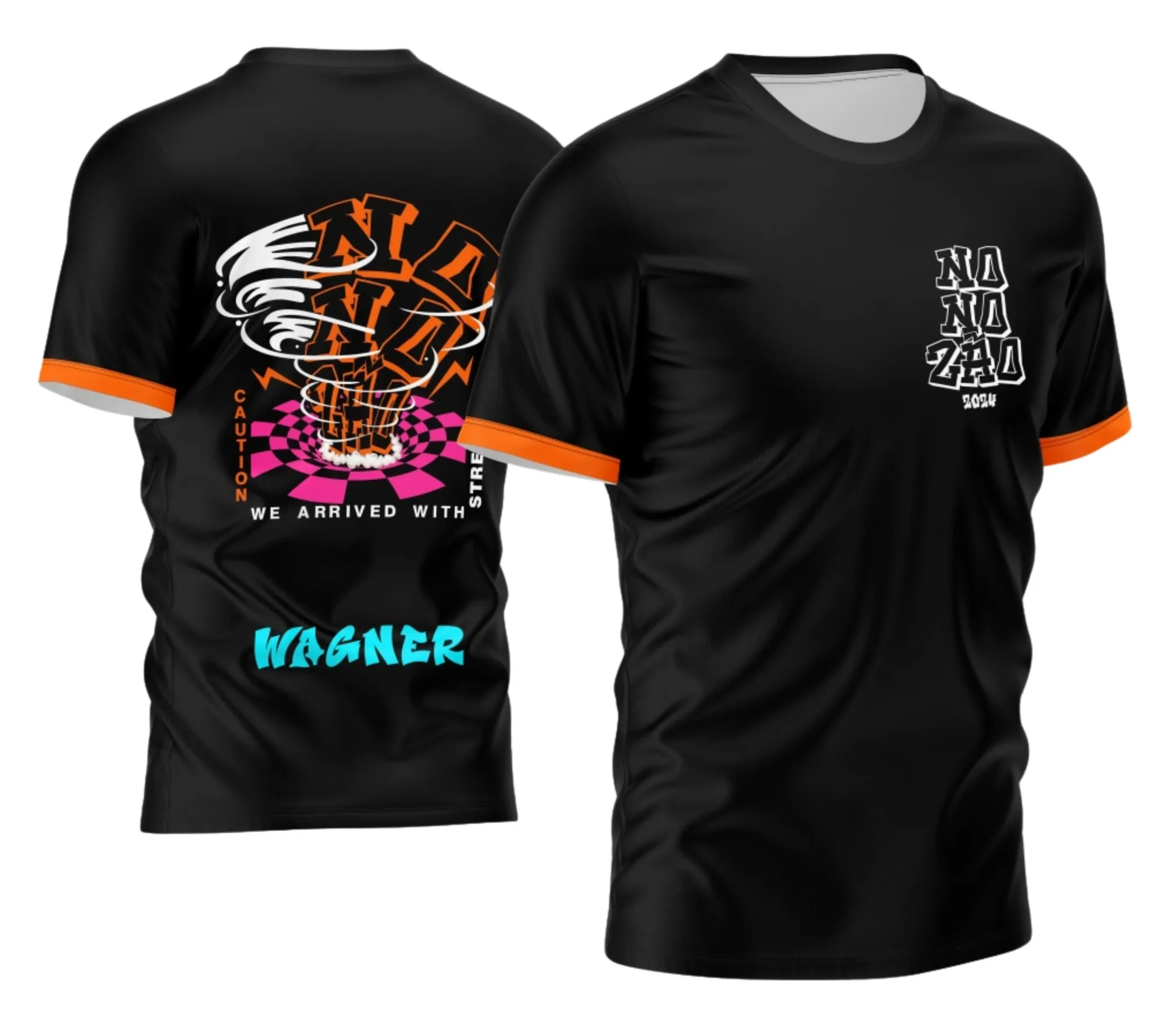 Camiseta unissex preta com logo no peito e estampa grande nas costas com o tema Camisa Nono Ano 2026 Furacão Nonozão, ideal para estudantes e fãs, em estilo moderno e jovem.