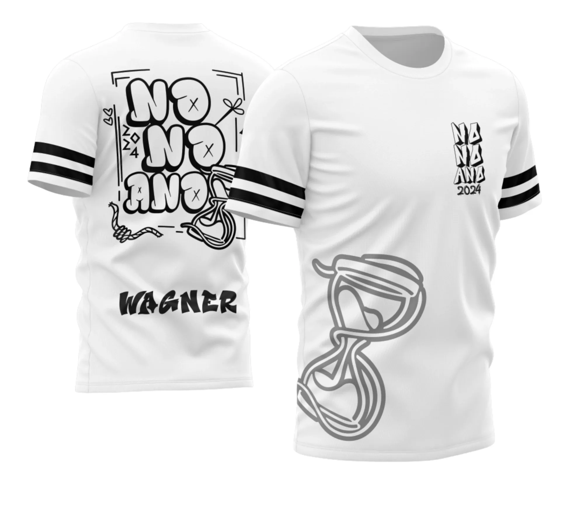 Camiseta unissex preta com logo no peito e estampa grande nas costas inspirada em Camisa Nono Ano 2026 Ampulheta modelo 3, visual moderno e atraente para estudantes e fãs do tema.