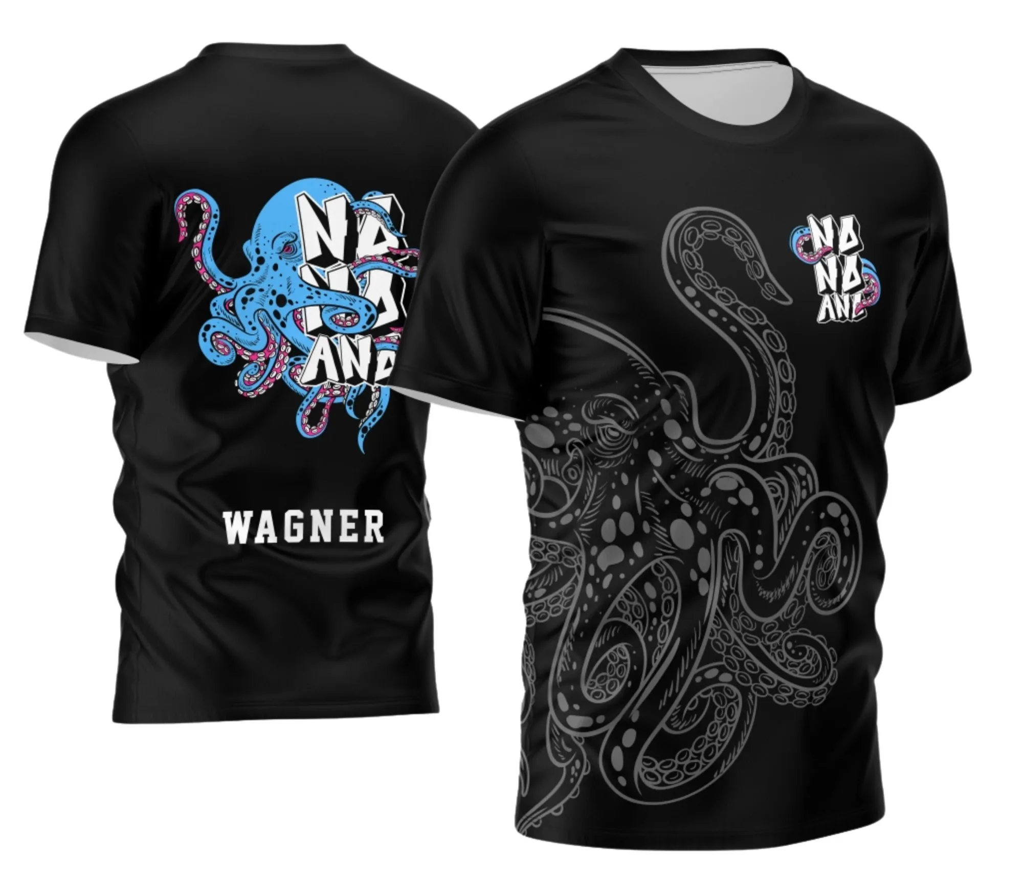 Camiseta unissex preta com logo no peito e estampa grande nas costas do tema Nono Ano 2026 Polvo, destacando detalhes vibrantes e design marcante para estudantes.