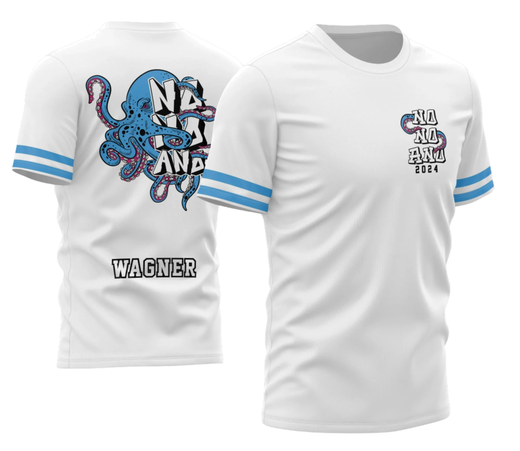 Camisa preta unissex com logo no peito e estampa grande nas costas com tema Polvo Nono Ano 2026 modelo 3, ideal para estudantes com estilo moderno e descontraído.