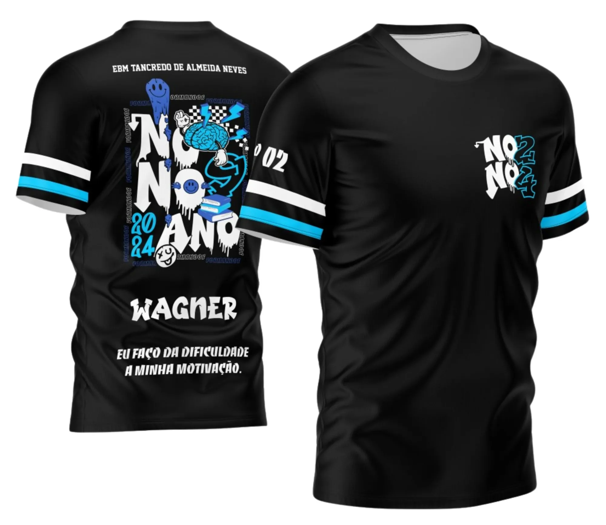 Camiseta unissex branca com logo no peito e estampa grande nas costas mostrando livros e tema Nono Ano 2026, perfeita para estudantes, design chamativo e moderno.