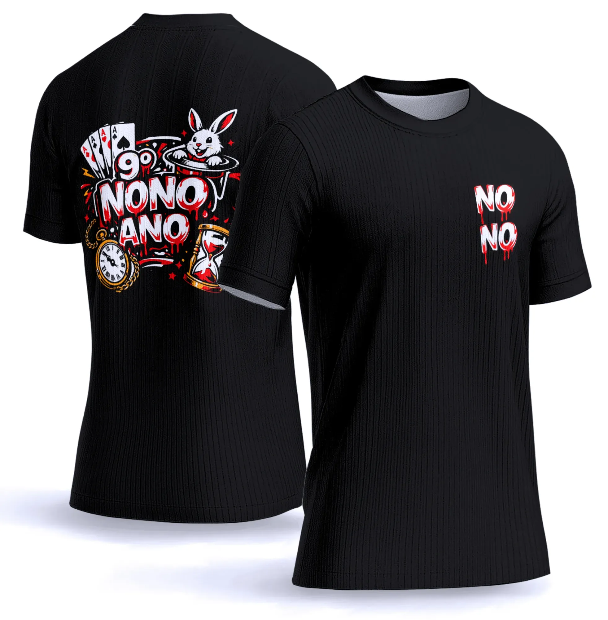 Camiseta unissex preta com logo no peito e estampa grande nas costas inspirada no tema Nono Ano Cartas Blood, ideal para quem busca estilo marcante e conforto.