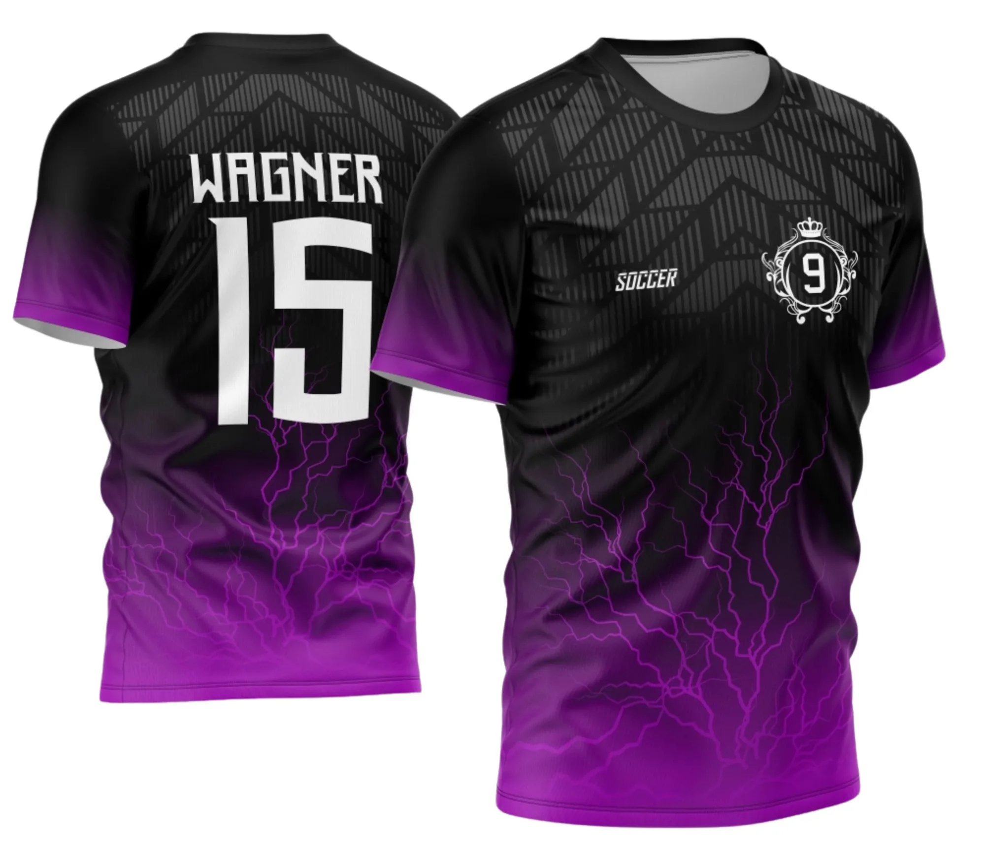 Camiseta unissex preta com logo no peito e estampa grande nas costas, tema Nono Ano 2026 Degrade e Raios, design moderno e vibrante para estudantes celebrando o ano de 2026.